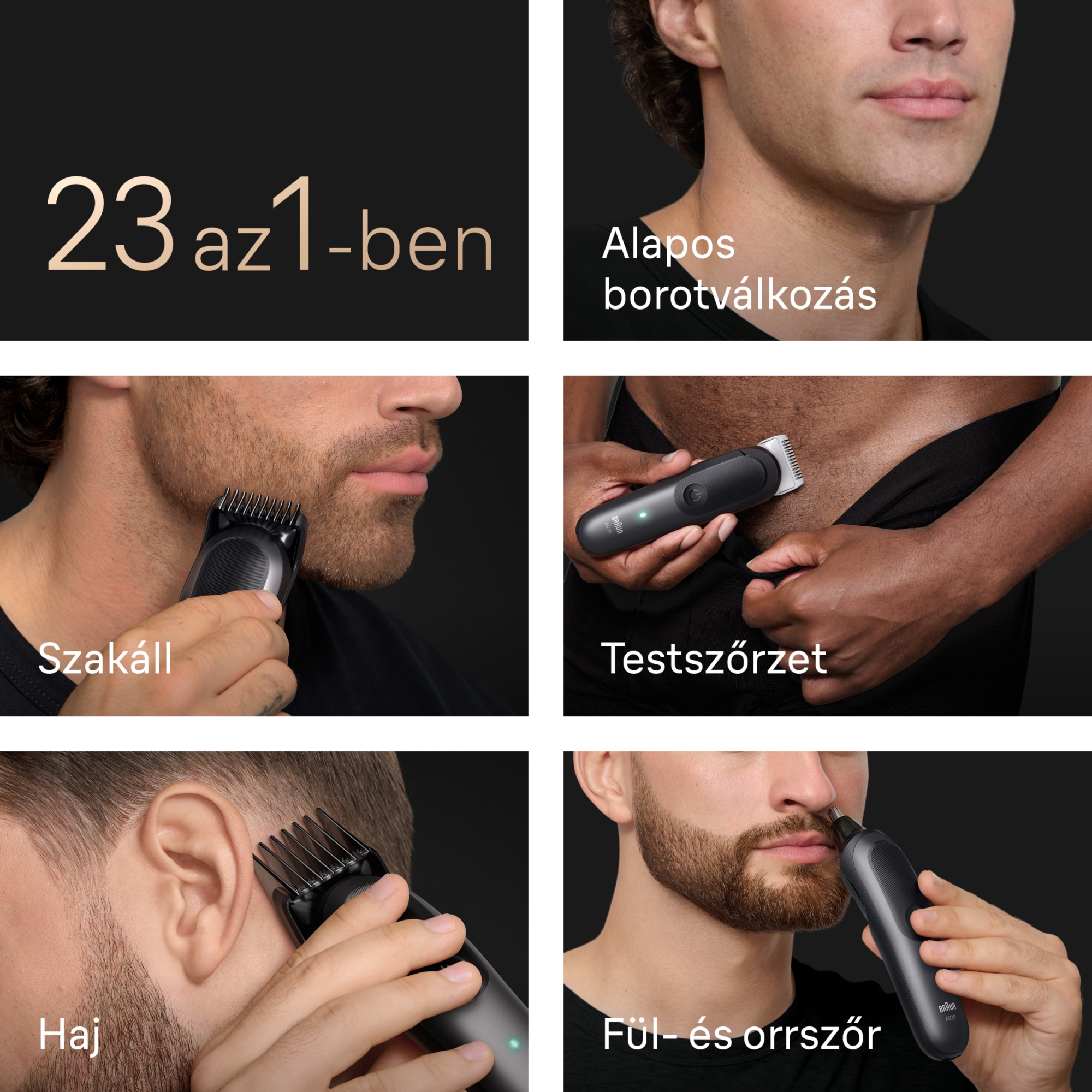 Többfunkciós borotva hat különböző fejjel szakállhoz, testhez, hajhoz, fülhöz és orrhoz.