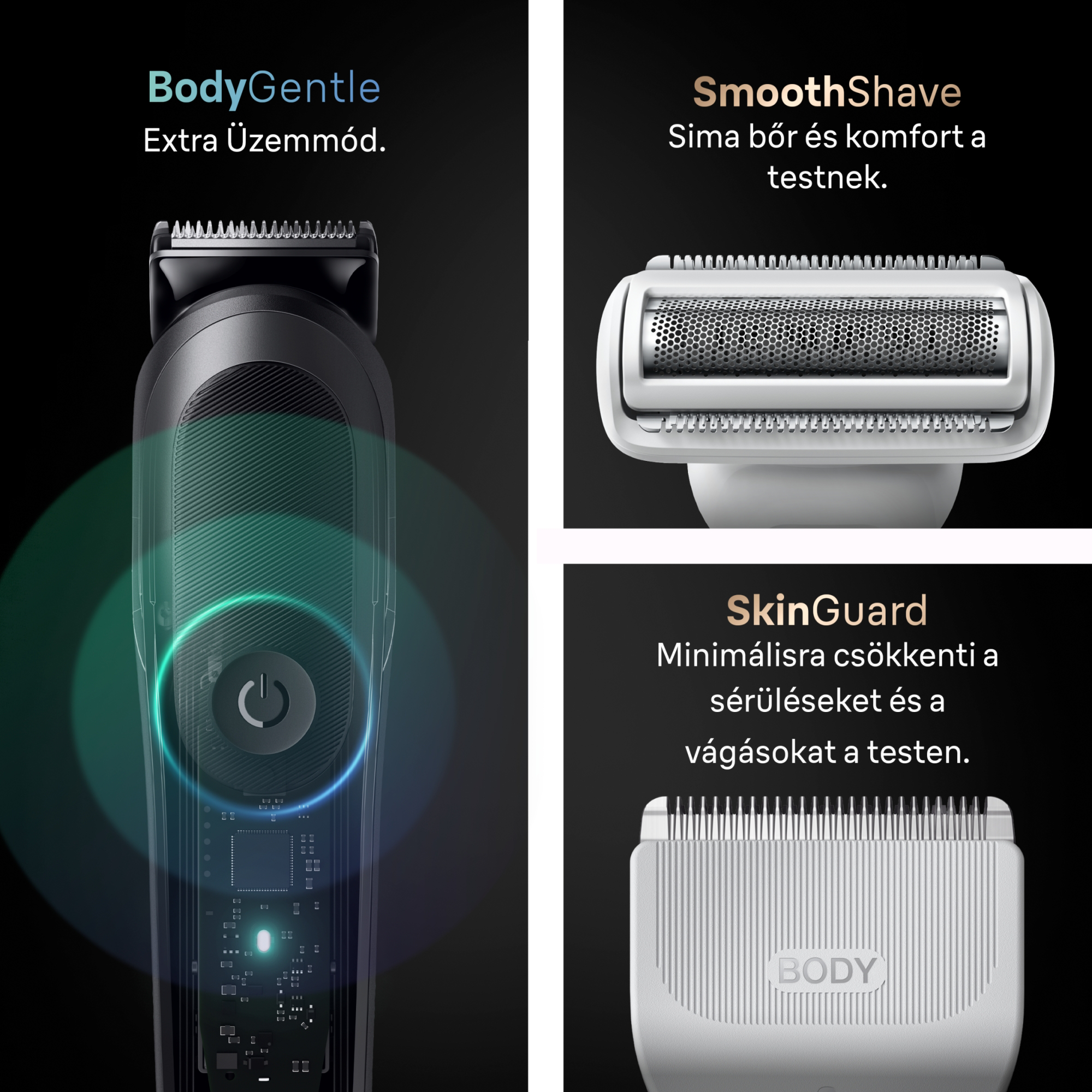 Fekete borotva BodyGentle móddal, SmoothShave fejjel és SkinGuard pengével fekete háttéren.