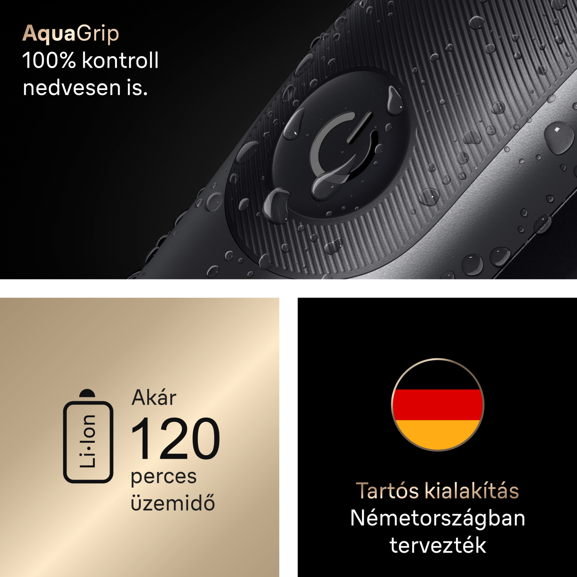 Vízálló borotvamarkolat, Li-ion akkumulátor 120 perc üzemidővel és német tervezés.