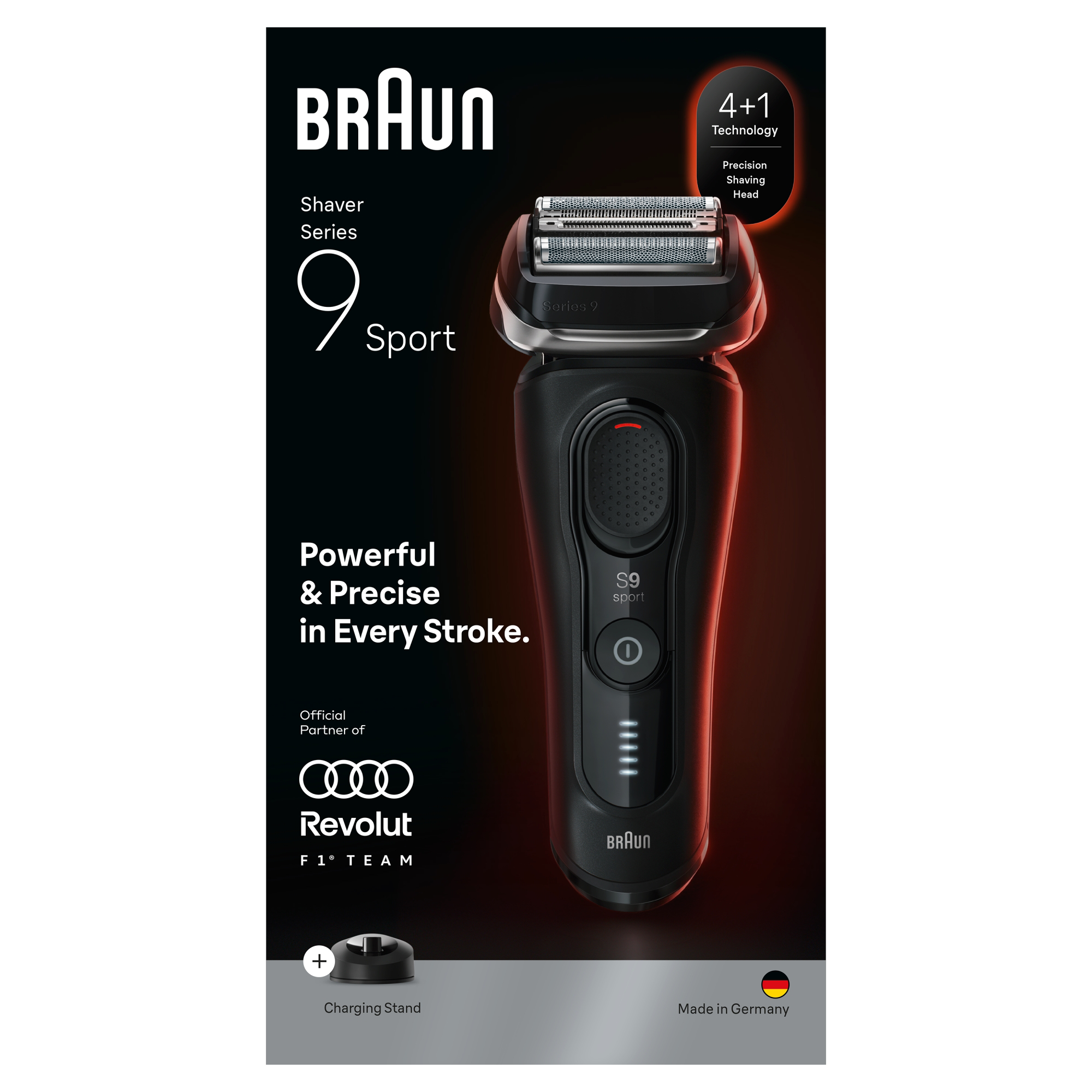 Fekete Braun Series 9 Sport elektromos borotva sötét háttérrel.