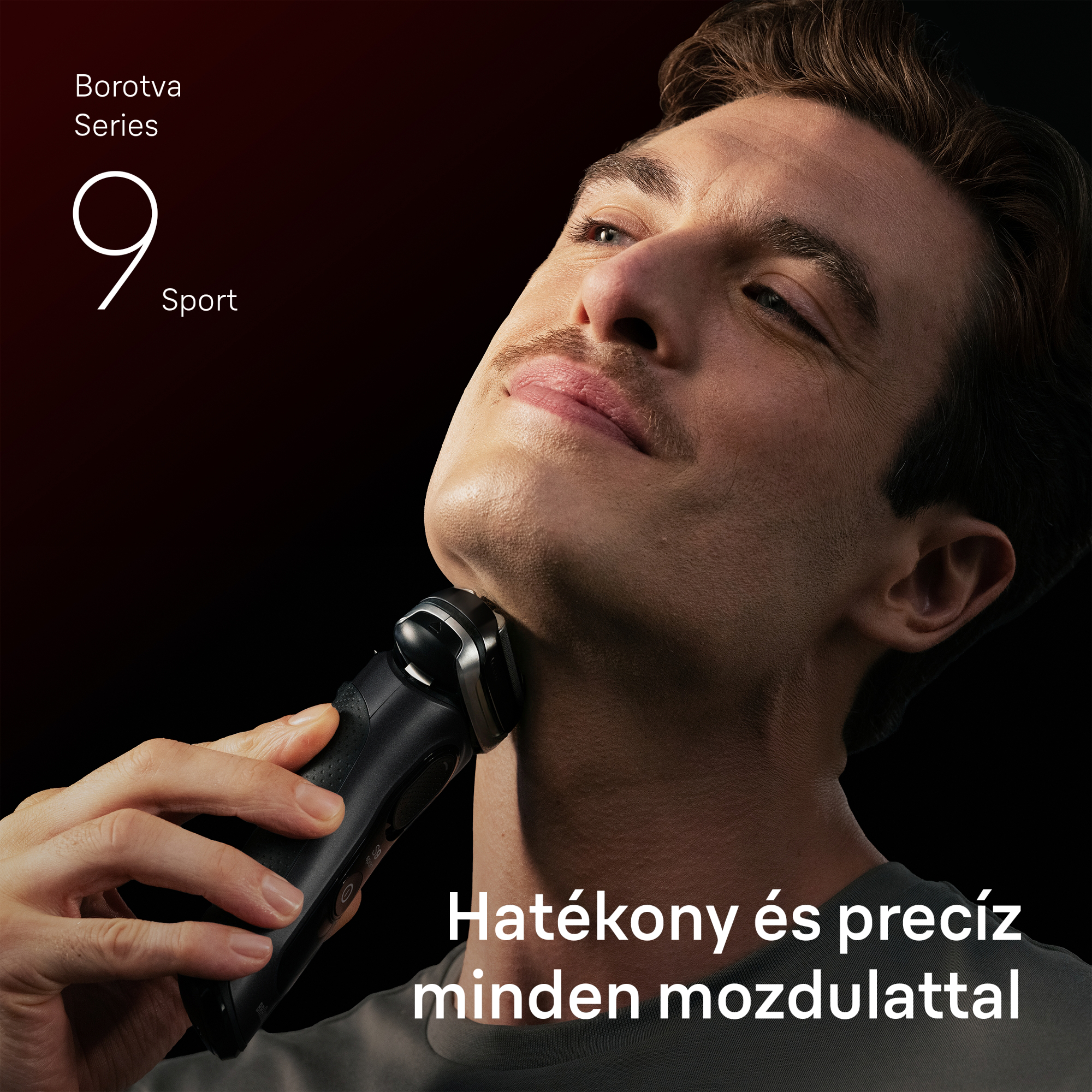 Egy bajuszos férfi elektromos borotvával borotválja a nyakát. Felirat: Borotva Series 9 Sport.
