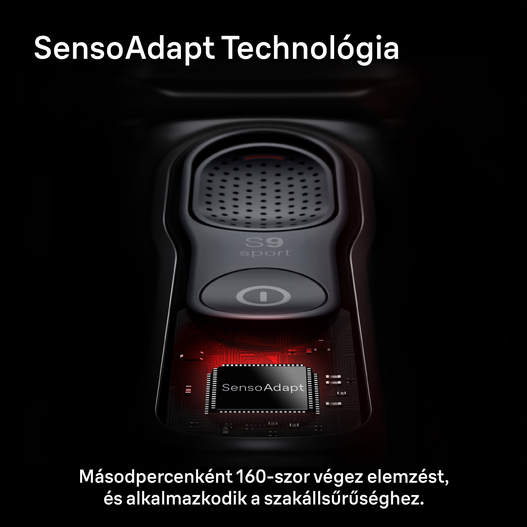Közelkép a SensoAdapt technológiai chipről egy borotvában, sötét háttérrel és magyar felirattal.