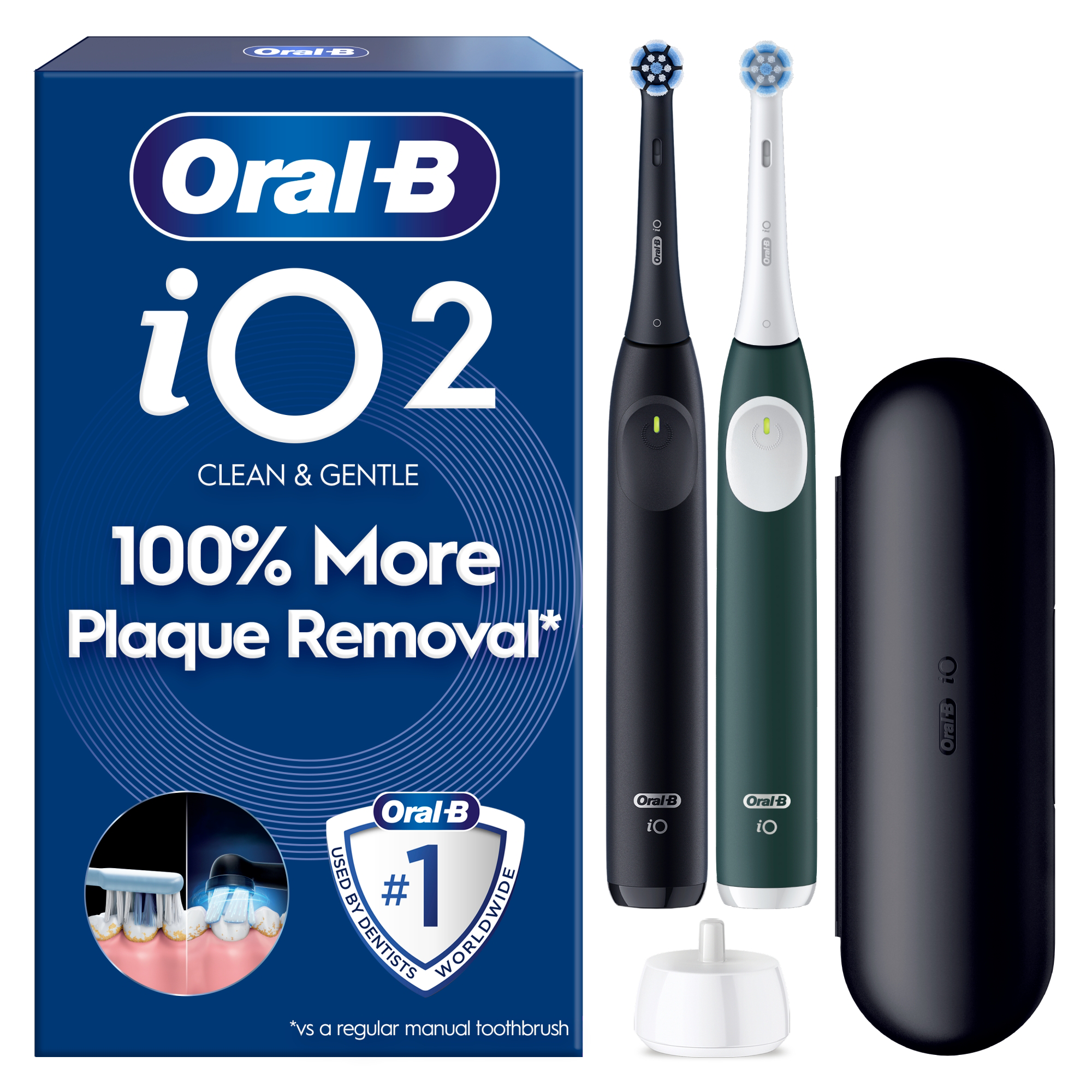 Oral-B iO2 elektromos fogkefék csomagolással, töltővel és utazótokkal.