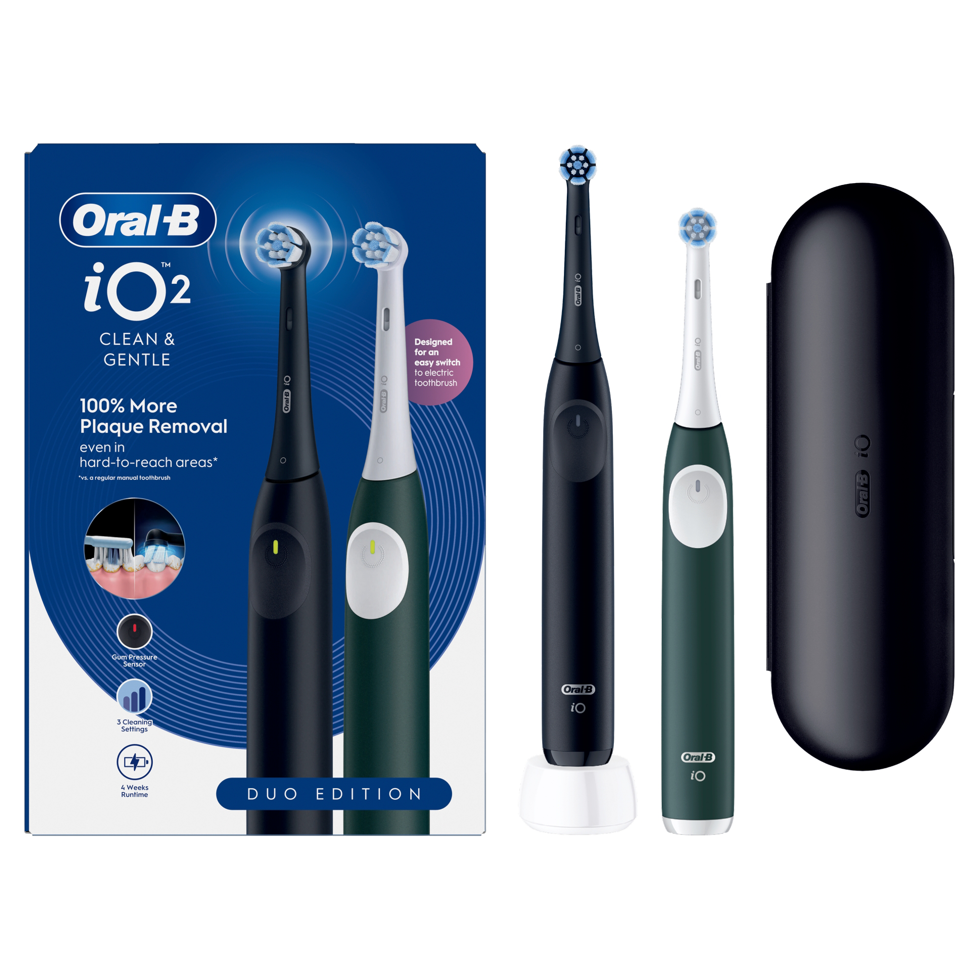 Oral-B iO2 Duo Edition fekete és zöld fogkefék csomagolással, töltővel és tokkal.