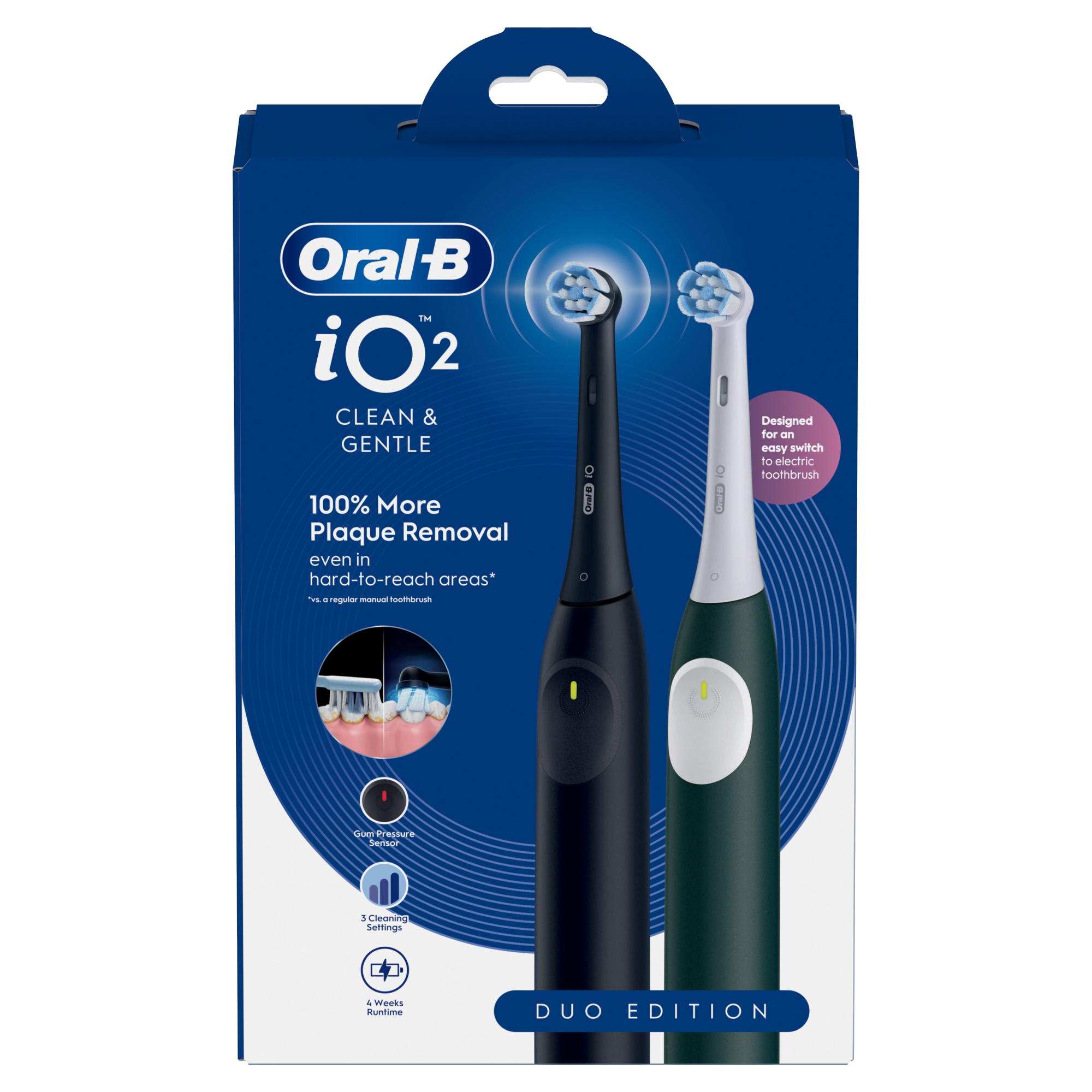 Oral-B iO2 Duo Edition doboz fekete és zöld elektromos fogkefével.