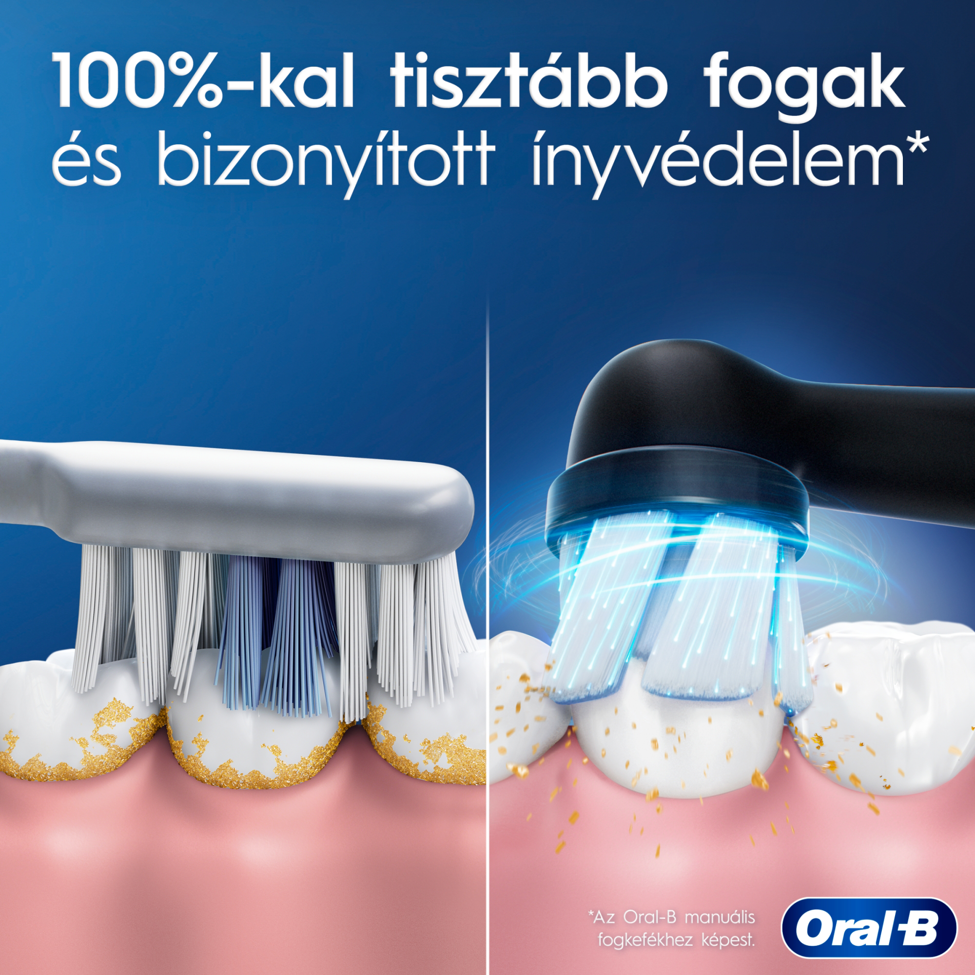 Manuális fogkefe lepedékkel és hatékonyan tisztító Oral-B elektromos fogkefe összehasonlítása.