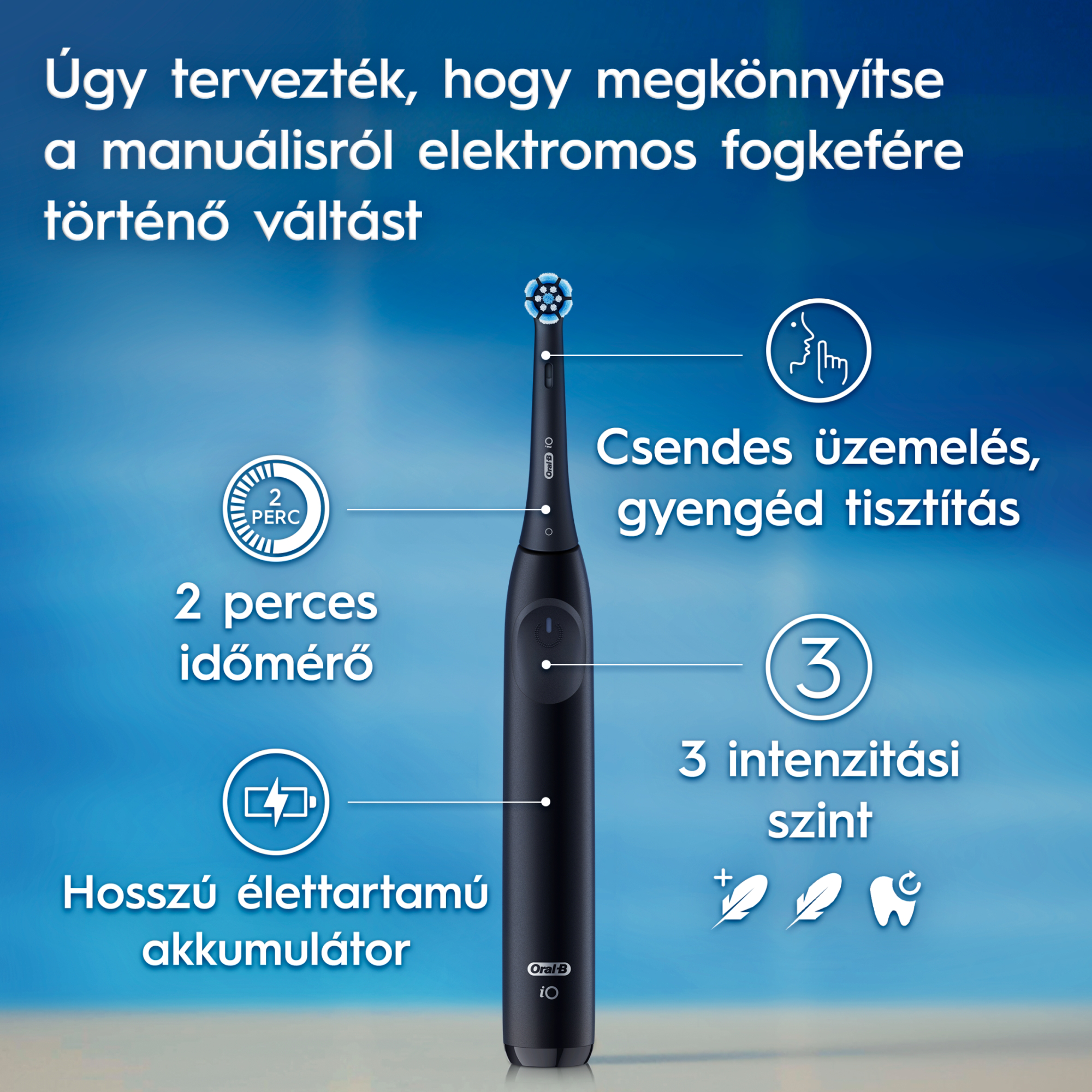 Egy fekete Oral-B iO elektromos fogkefe funkció ikonokkal kék háttér előtt.
