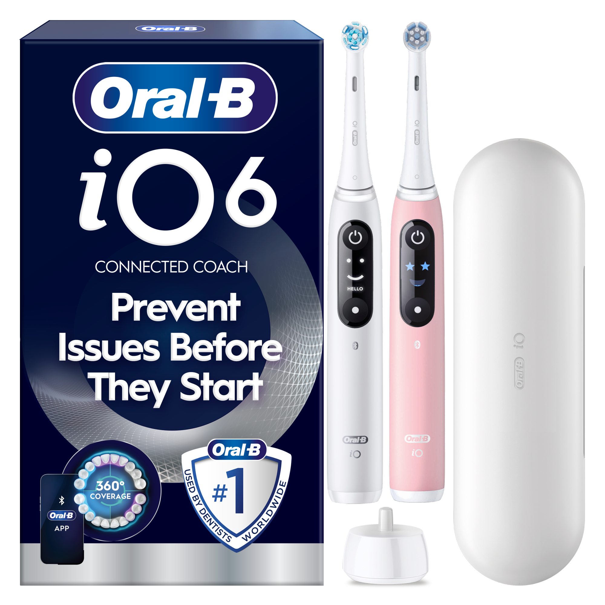 Oral-B iO6 fogkefe készlet csomagolással, két elektromos fogkefével, töltővel és tokkal.