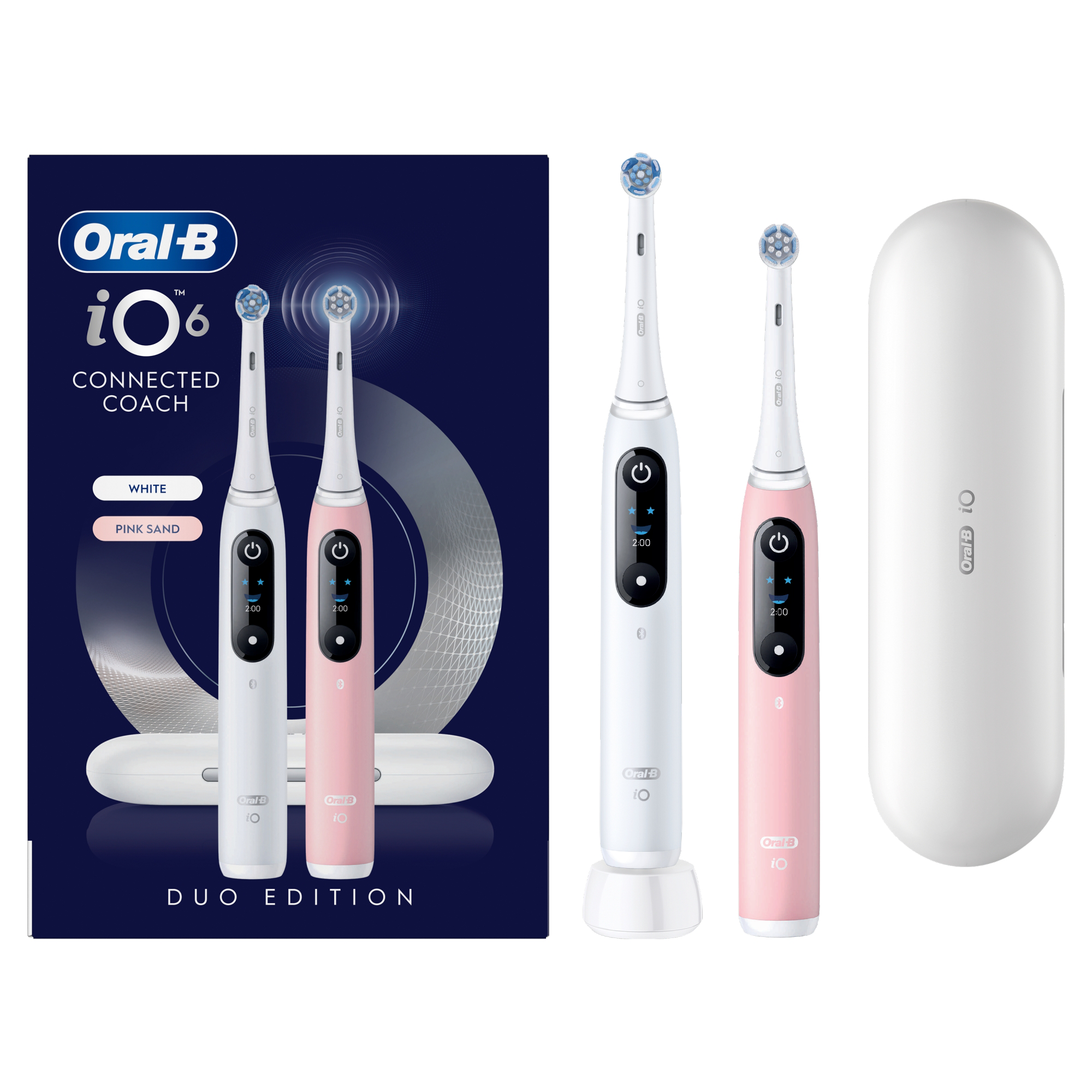 Oral-B iO6 Duo kiadás fehér és rózsaszín elektromos fogkefékkel, töltővel és tokkal.