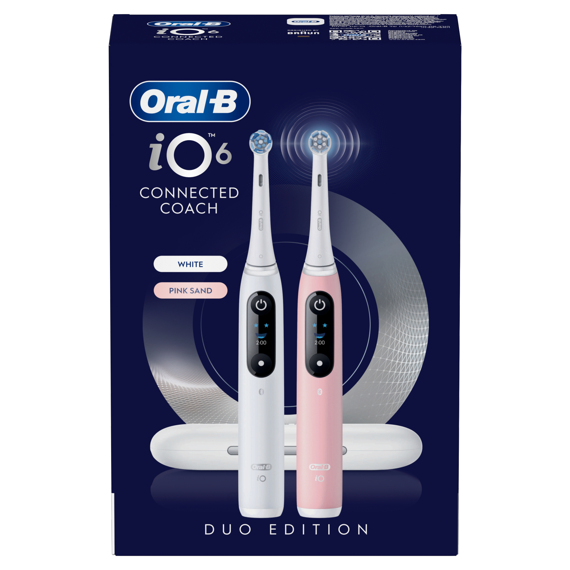 Oral-B iO6 Duo Edition doboz egy fehér és egy rózsaszín elektromos fogkefével.