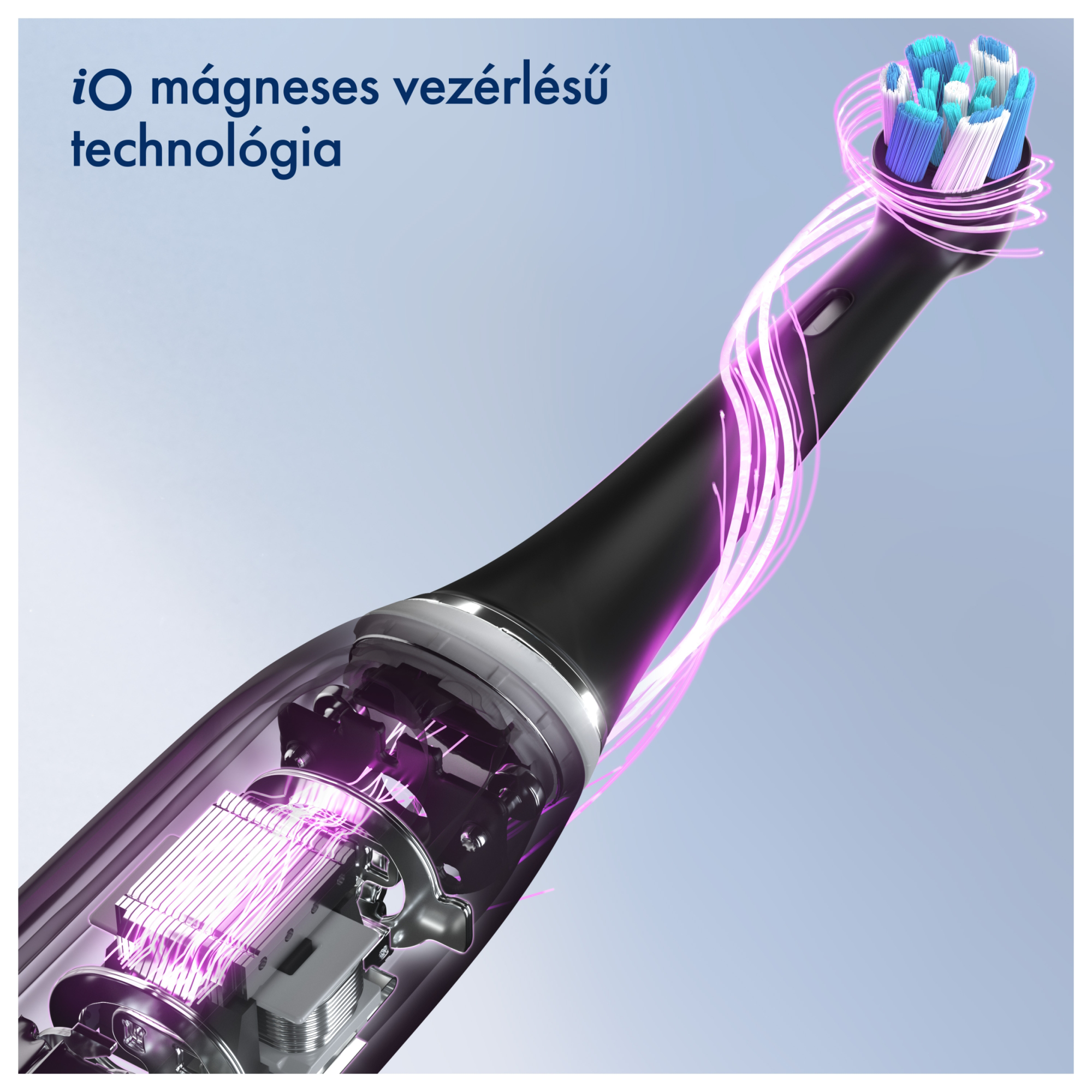 Elektromos fogkefe keresztmetszete látható belső mechanizmussal és rózsaszín energiavonalakkal.