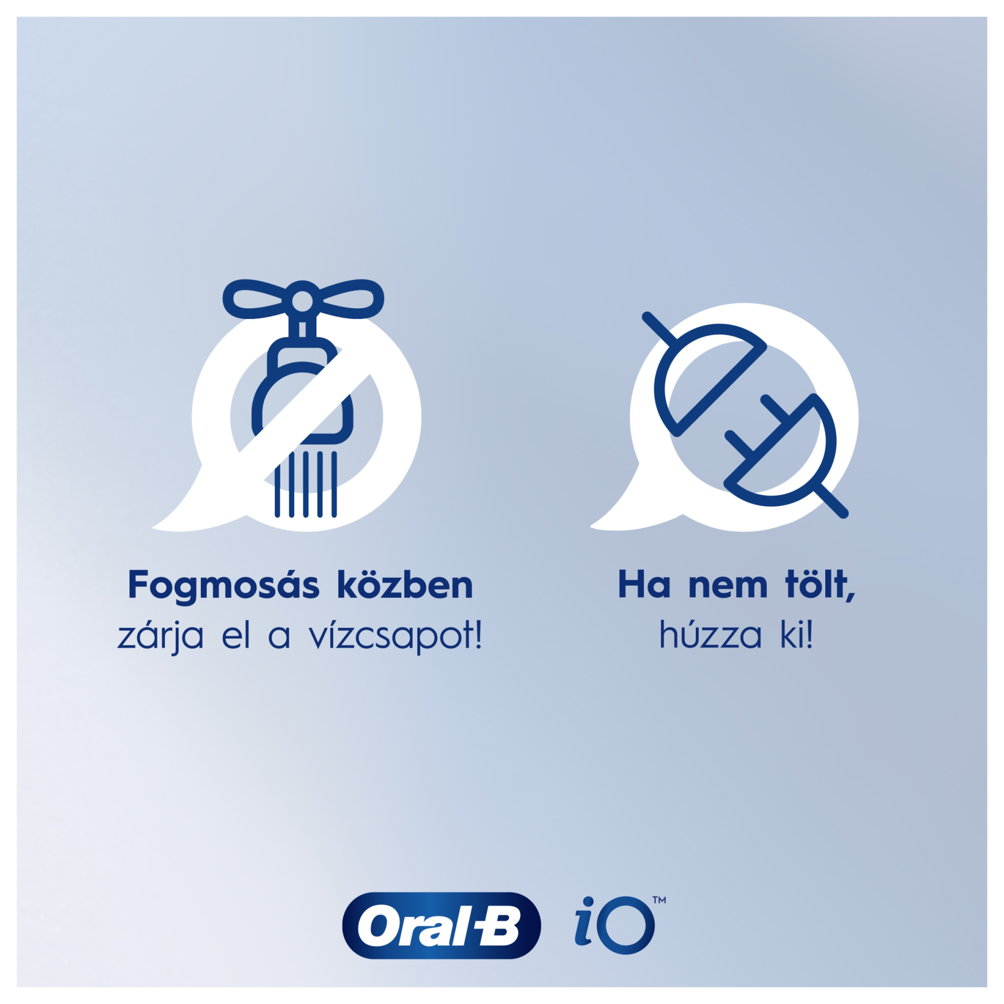 Oral-B hirdetés elzárt csap és kihúzott dugó ikonokkal kék háttéren.