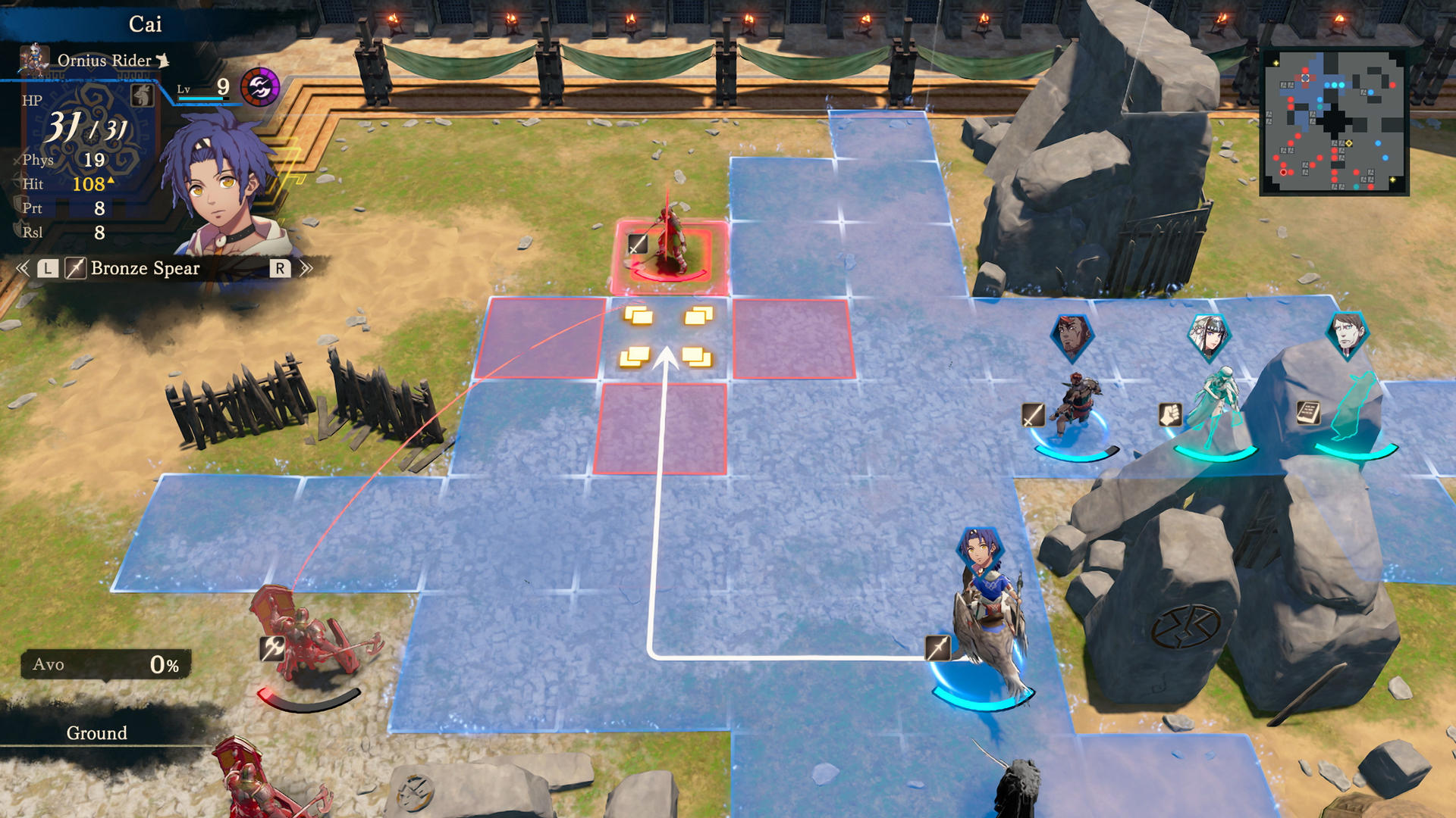 Taktischer RPG-Kampfbildschirm mit blauhaarigem Charakter auf Reittier, Bewegungsraster und UI-Elementen auf sandigem Gelände.