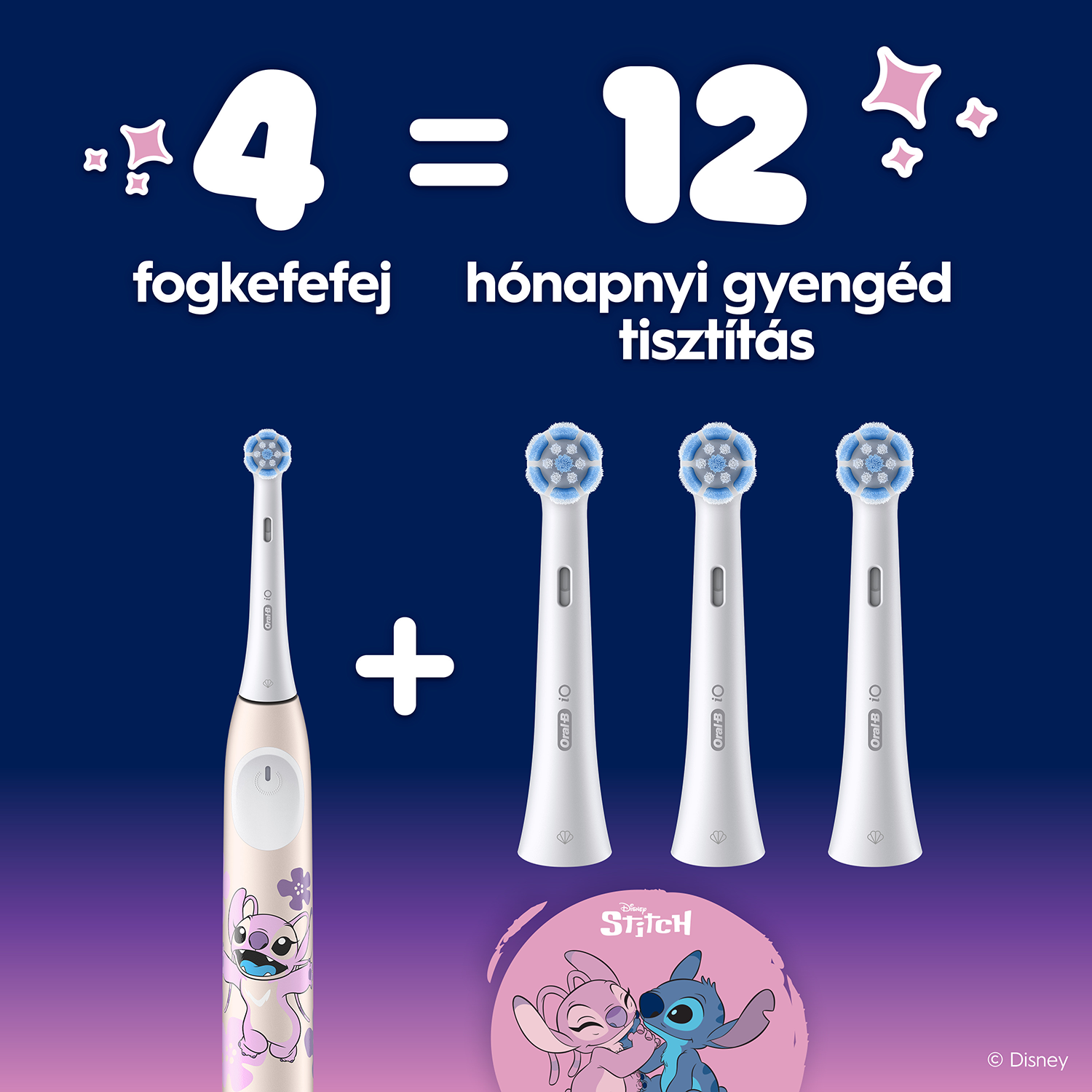 Oral-B iO gyerek fogkefe hirdetés Stitch mintával és négy pótfejjel tizenkét hónapra.