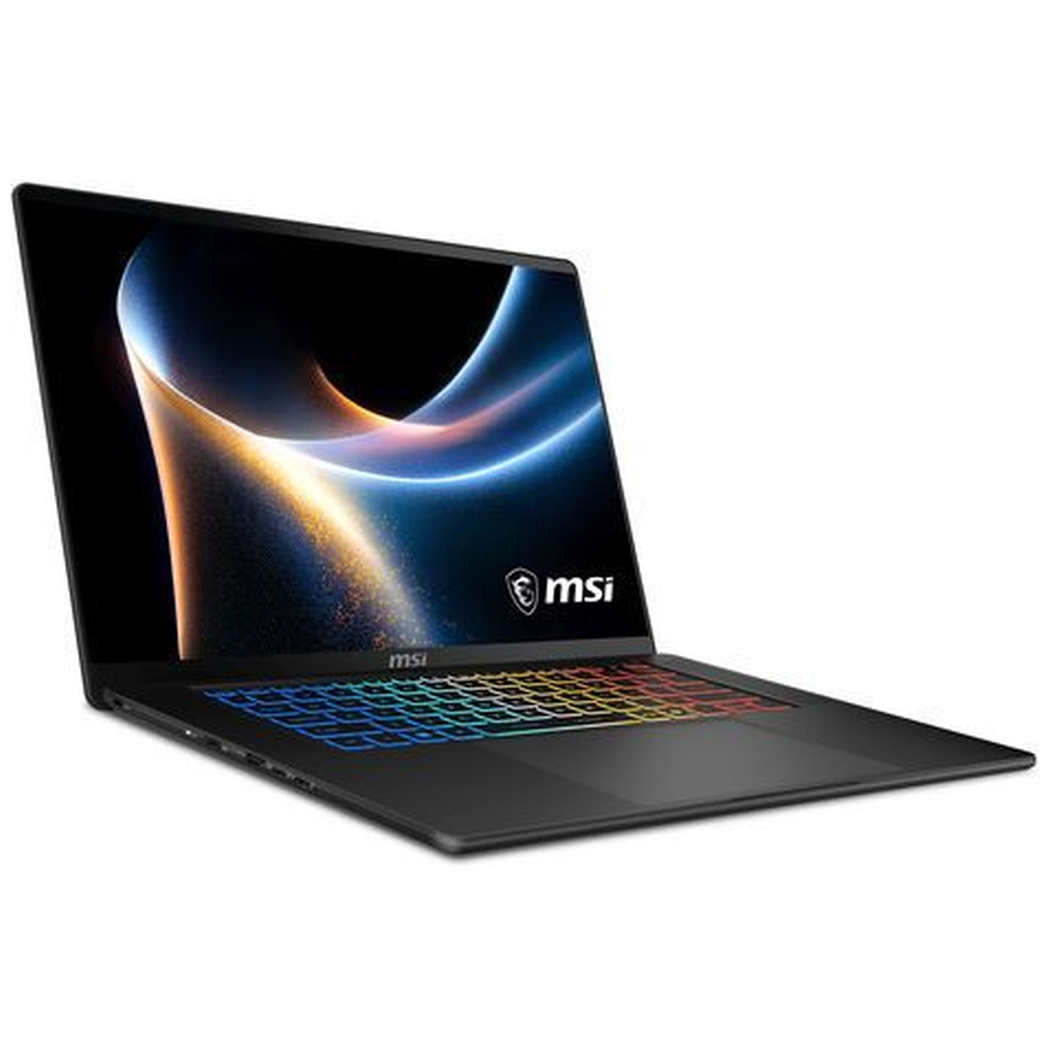 Een zwarte MSI-laptop met verlichte RGB-toetsenbord en abstracte achtergrond.