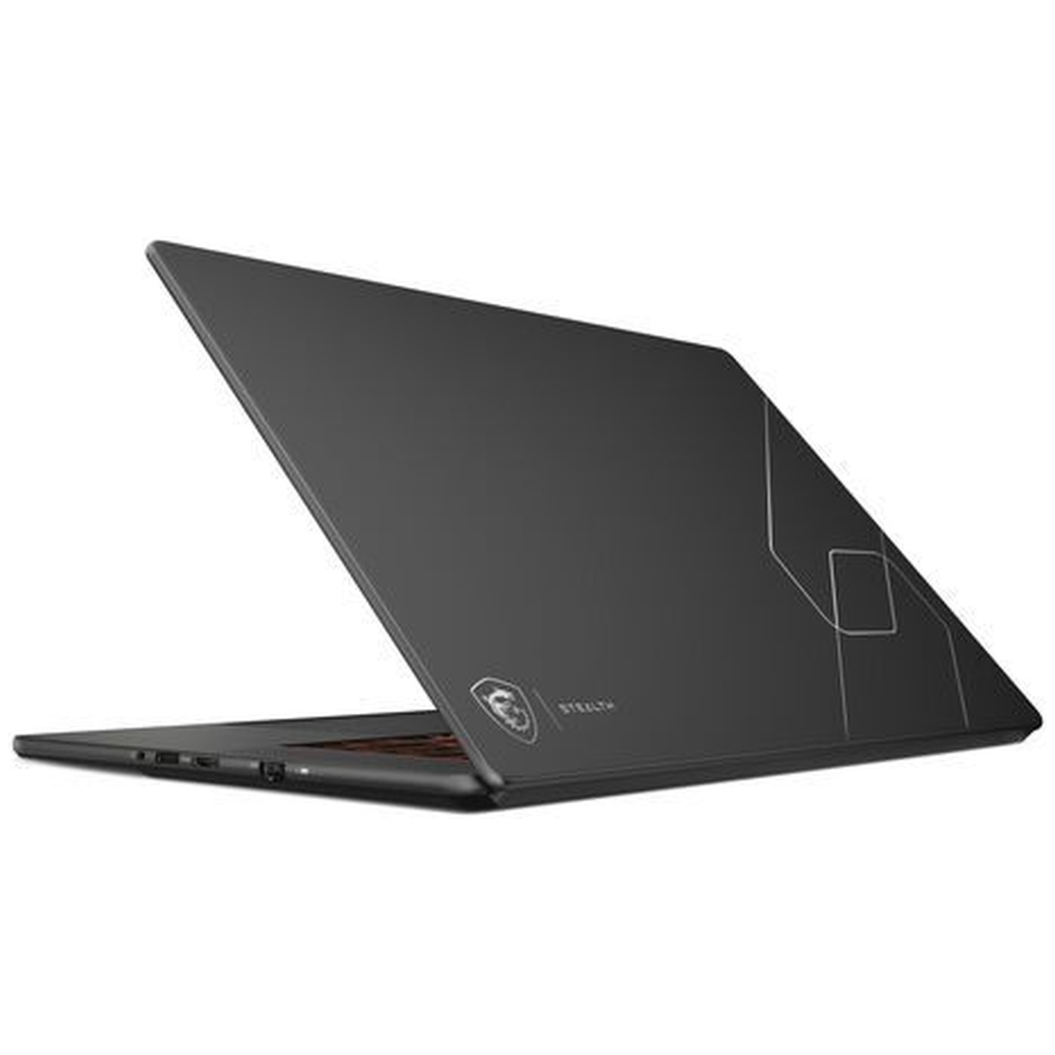 Een slanke donkergrijze laptop met geometrisch lijnenontwerp en MSI-logo op het deksel, vanuit de achterkant.