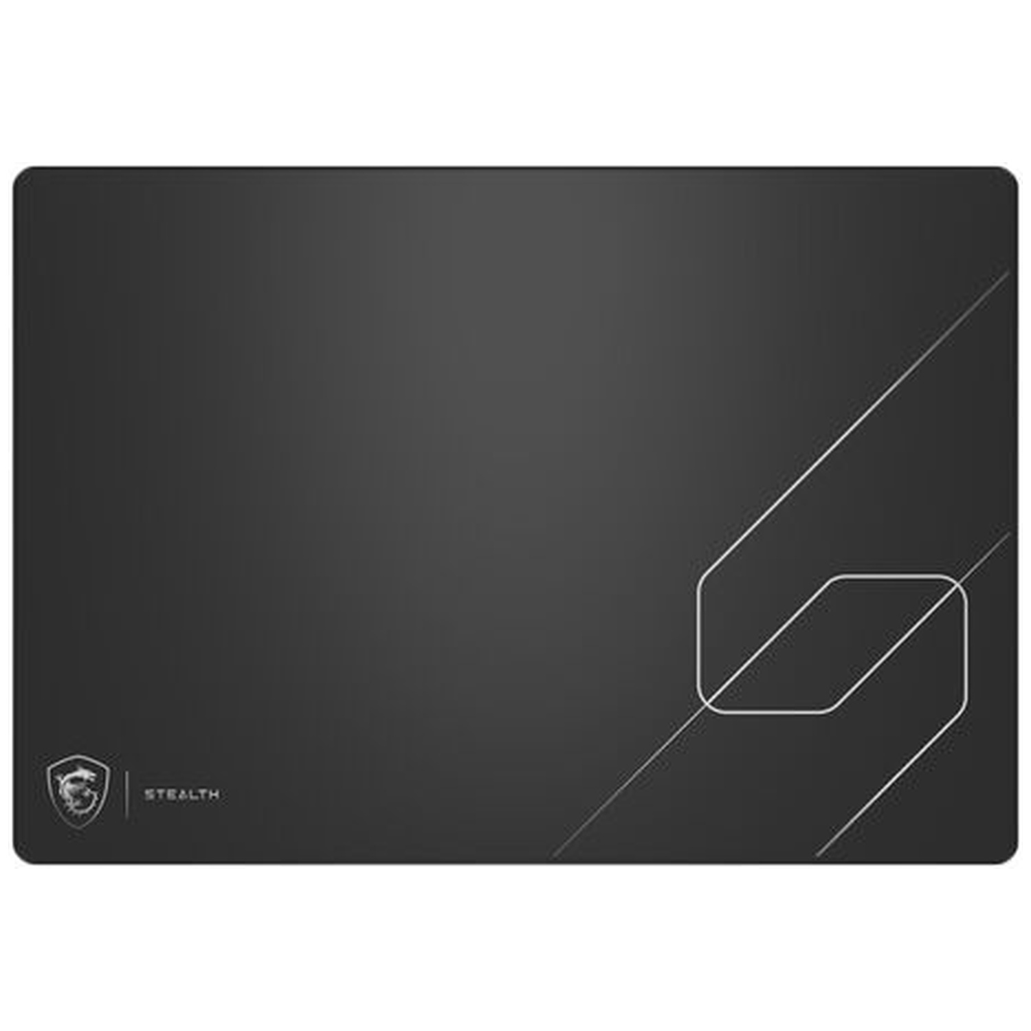 Zwarte MSI Stealth-muismat met wit lijnpatroon en logo.