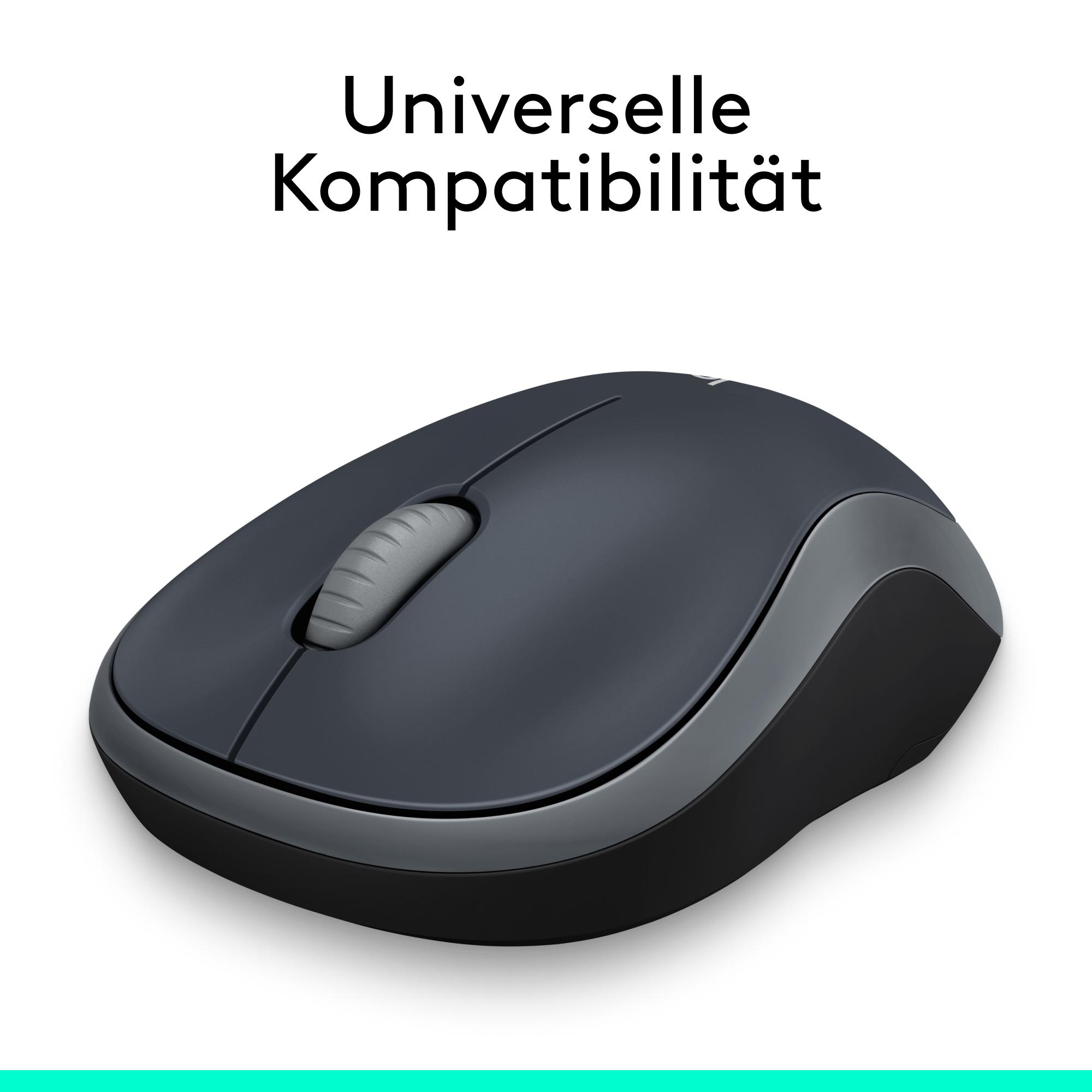 Dunkelgraue kabellose Computermaus mit grauem Scrollrad vor weißem Hintergrund.