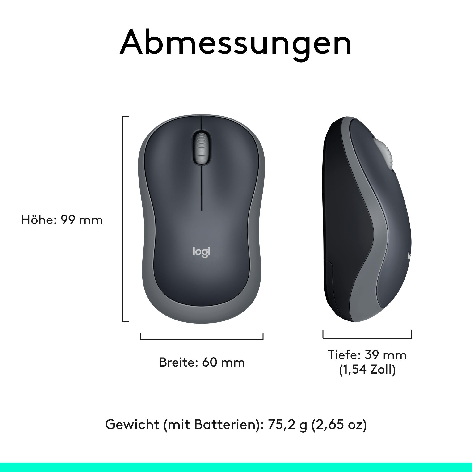 Technische Zeichnung mit den Maßen einer grauen kabellosen Computermaus.