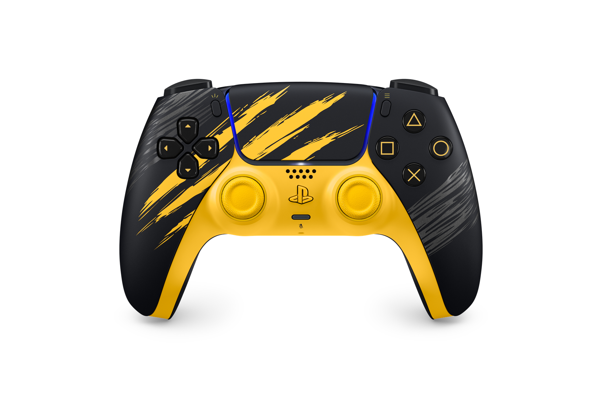 Ein schwarz-gelber PlayStation 5-Controller mit gelben Kratzmustern und gelben Joysticks auf weißem Hintergrund.