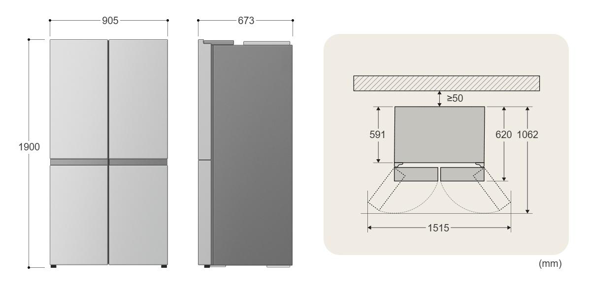 Technische Zeichnung eines Kühlschranks mit Maßangaben für Höhe, Breite, Tiefe und Öffnungsradius in Millimetern.