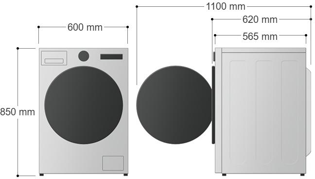Technische Zeichnung einer Waschmaschine mit Abmessungen für Höhe, Breite und Tiefe in Millimetern.