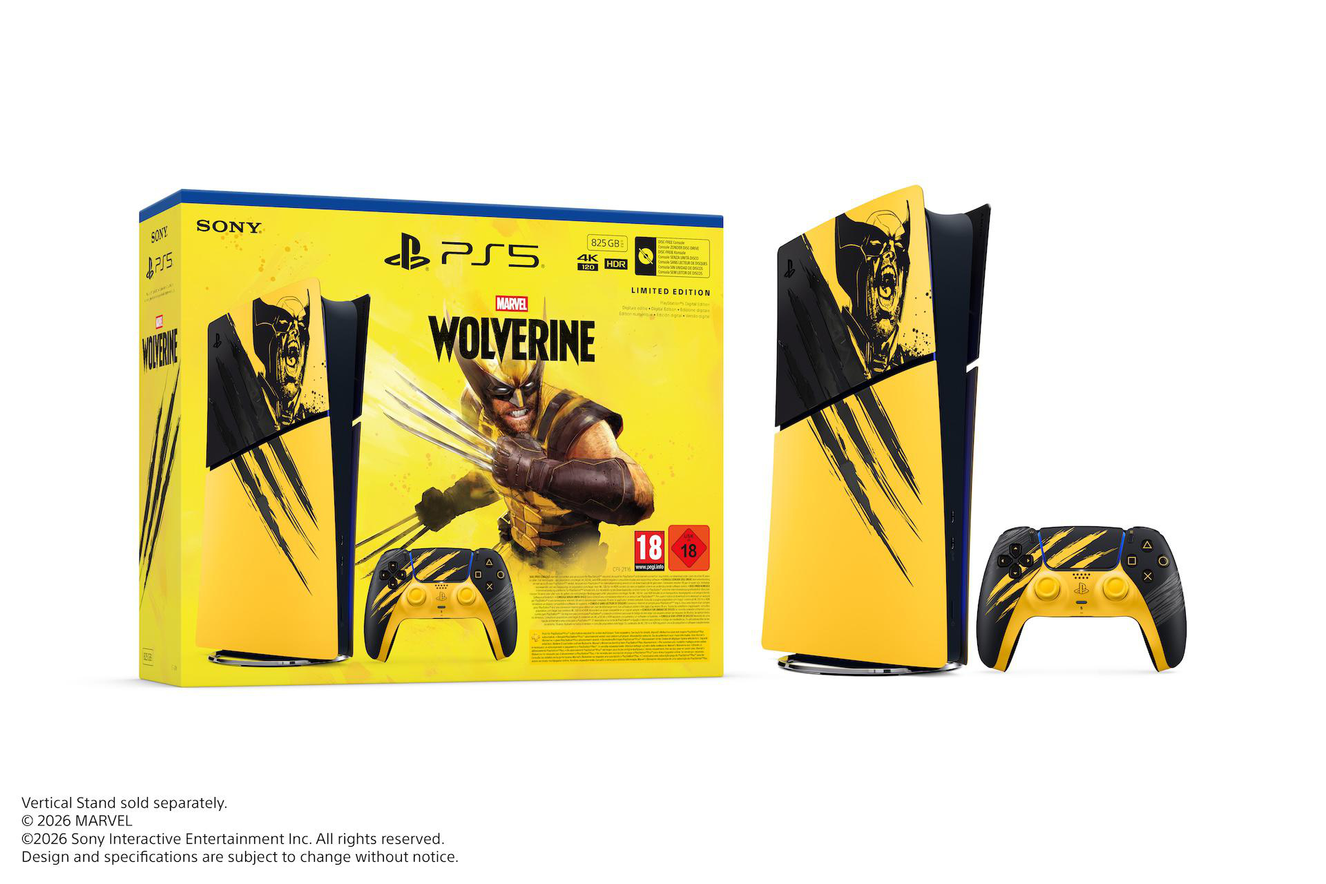 PS5 Limited Edition Konsole und Controller im Wolverine-Design vor einer gelben Produktverpackung.