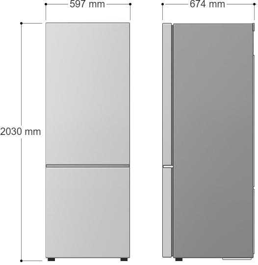 Technische Zeichnung eines Kühlschranks mit Vorder- und Seitenansicht, Maße 2030x597x674 mm.