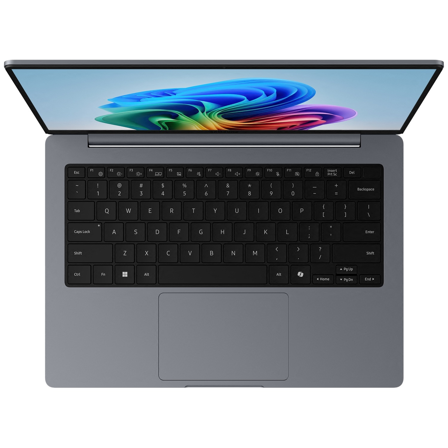 Grijze laptop met QWERTY-toetsenbord, groot trackpad en levendige abstracte kleuren op het scherm.