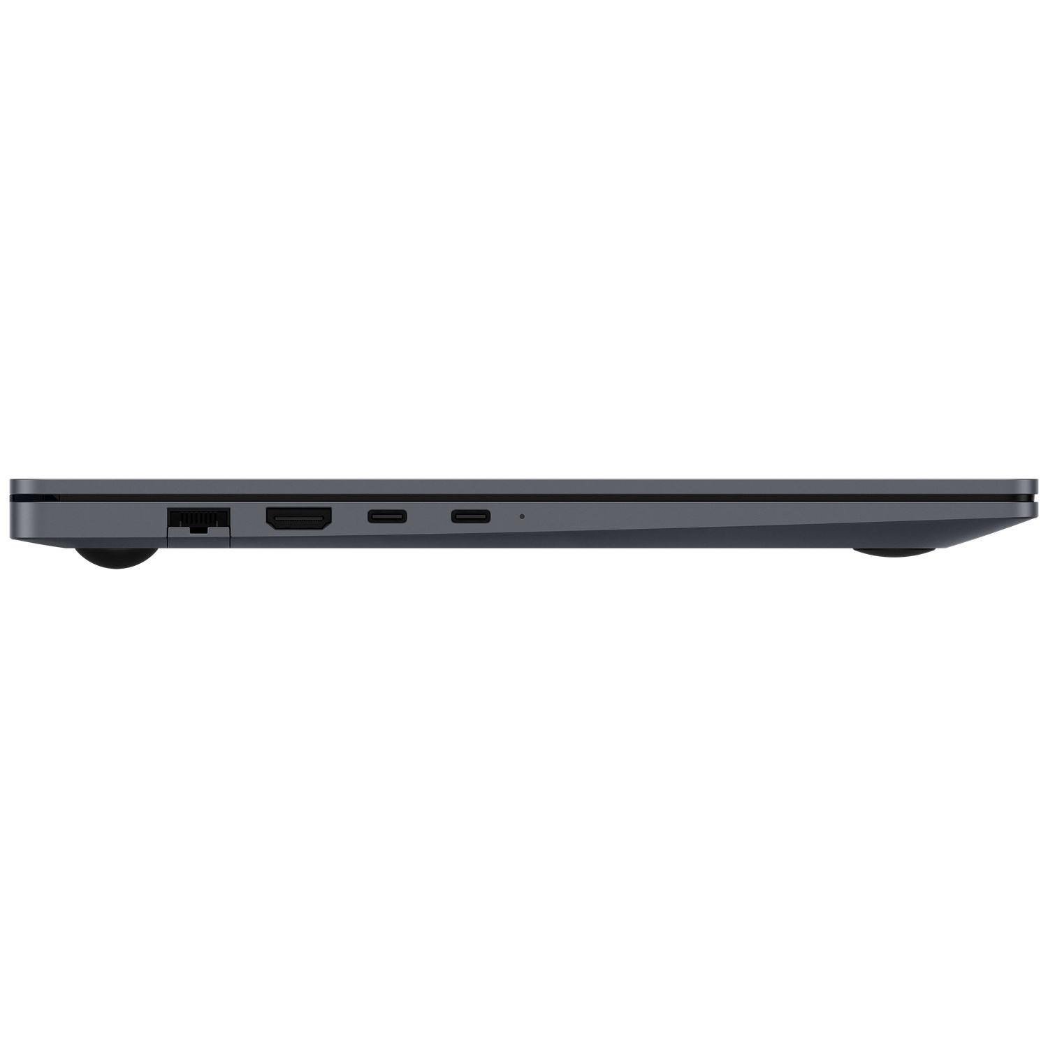 Zijaanzicht van een grijze laptop met een ethernetpoort, HDMI-poort en twee USB-C-poorten.