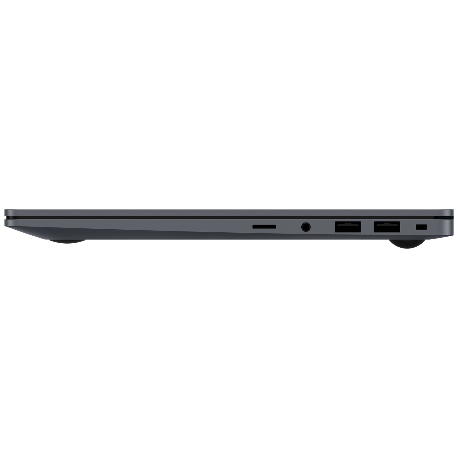 Zijprofiel van een slanke, donkergrijze laptop met verschillende poorten.