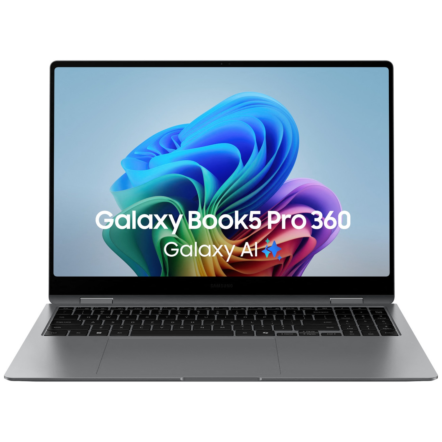 Een Galaxy Book5 Pro 360 laptop met een kleurrijk scherm en Galaxy AI tekst tegen een witte achtergrond.