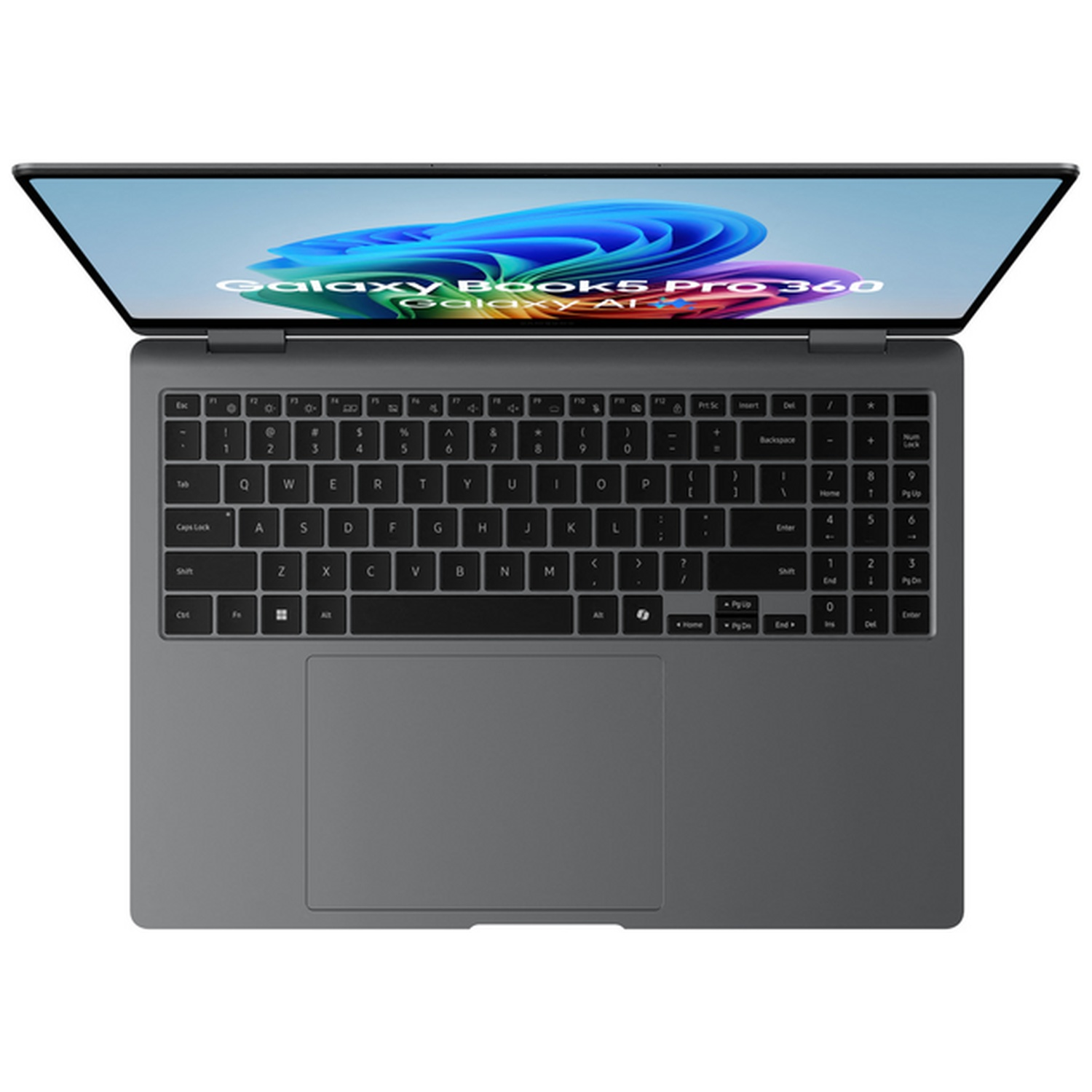 Bovenaanzicht van een open grijze laptop met 'Galaxy Book5 Pro 360' op het scherm en het toetsenbord.