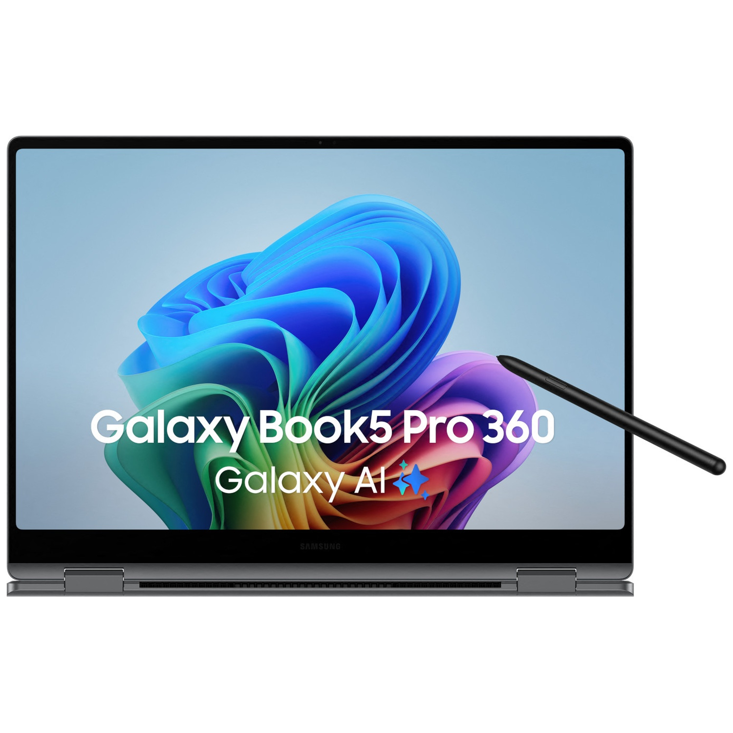 Samsung Galaxy Book5 Pro 360 laptop met kleurenscherm en stylus.