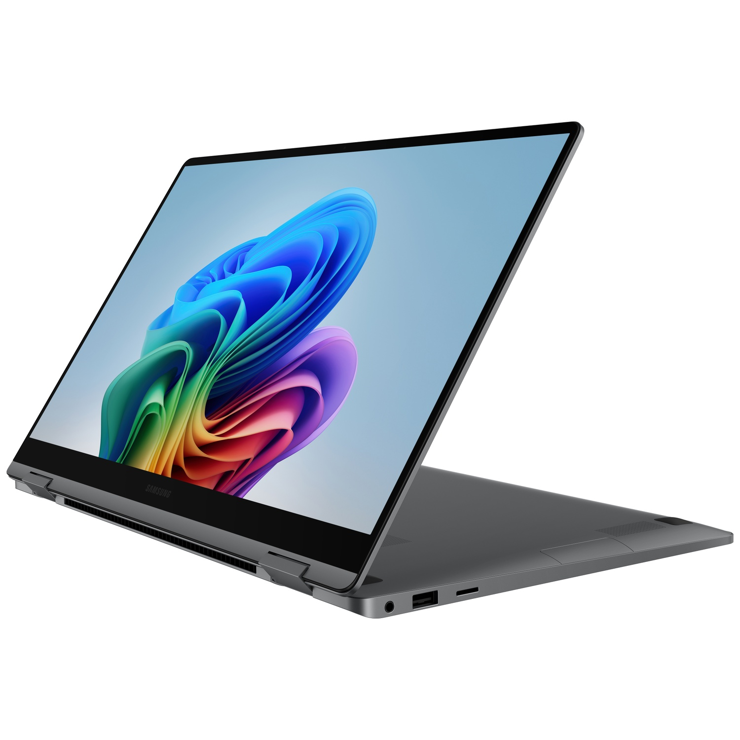 Een grijze Samsung-laptop met touchscreen en een kleurrijke, abstracte achtergrond.