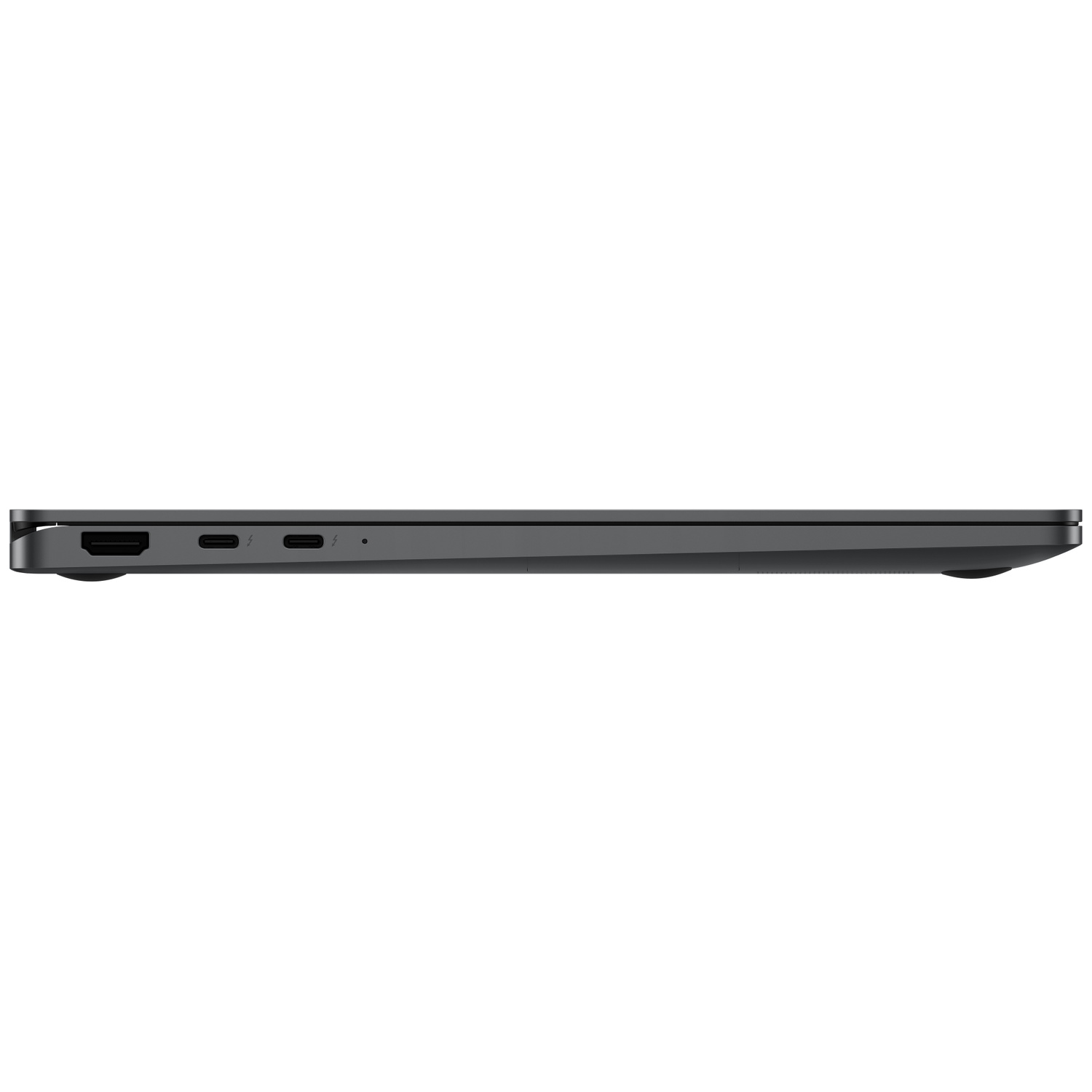 Zijaanzicht van een gesloten donkere laptop met HDMI- en USB-C-poorten op een witte achtergrond.