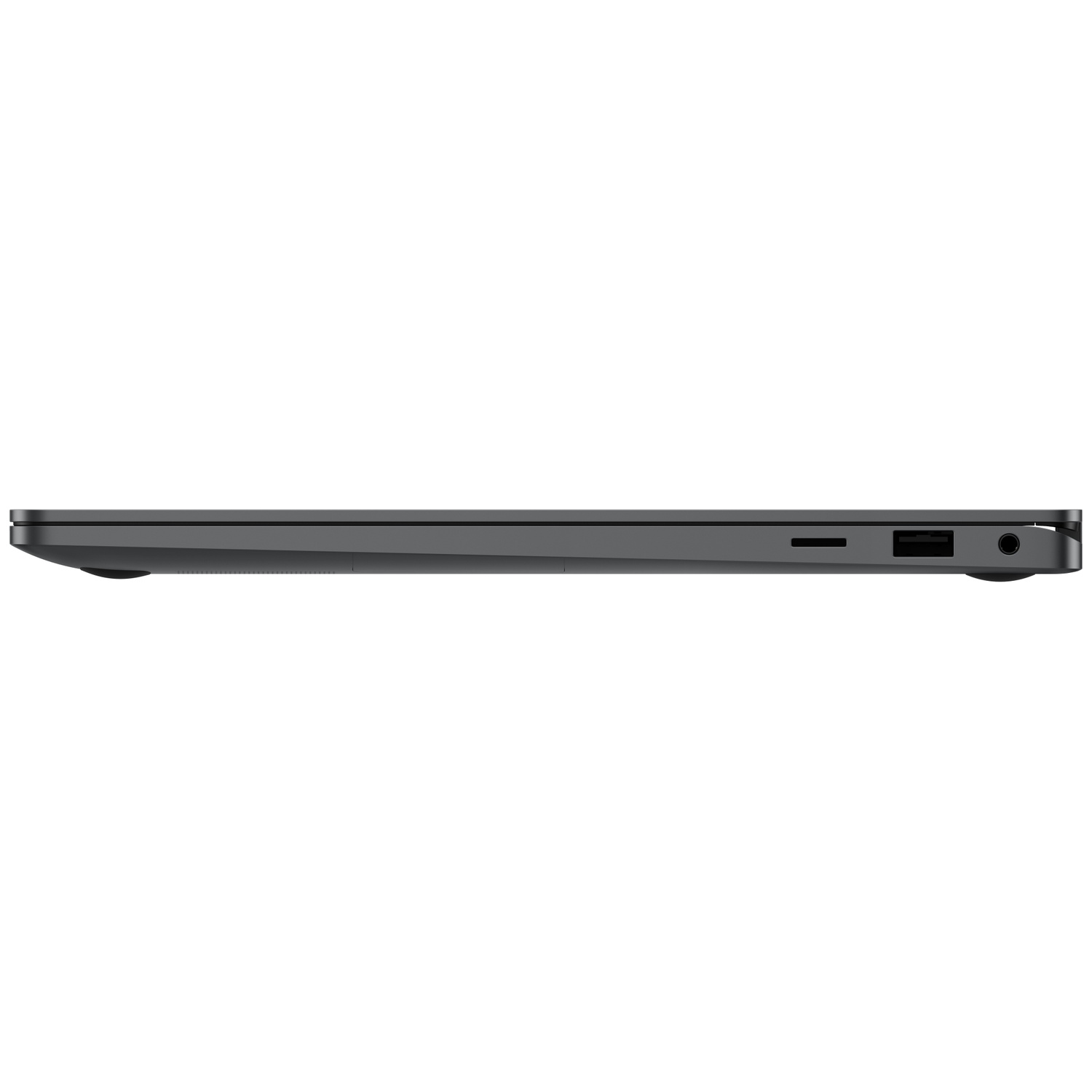 Zijaanzicht van een gesloten grijze laptop met zichtbare poorten op een wit oppervlak.