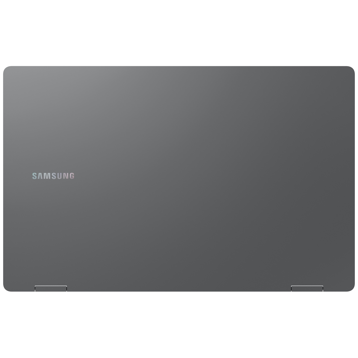 Gesloten grijze Samsung laptop van bovenaf, met metalen deksel en logo links.