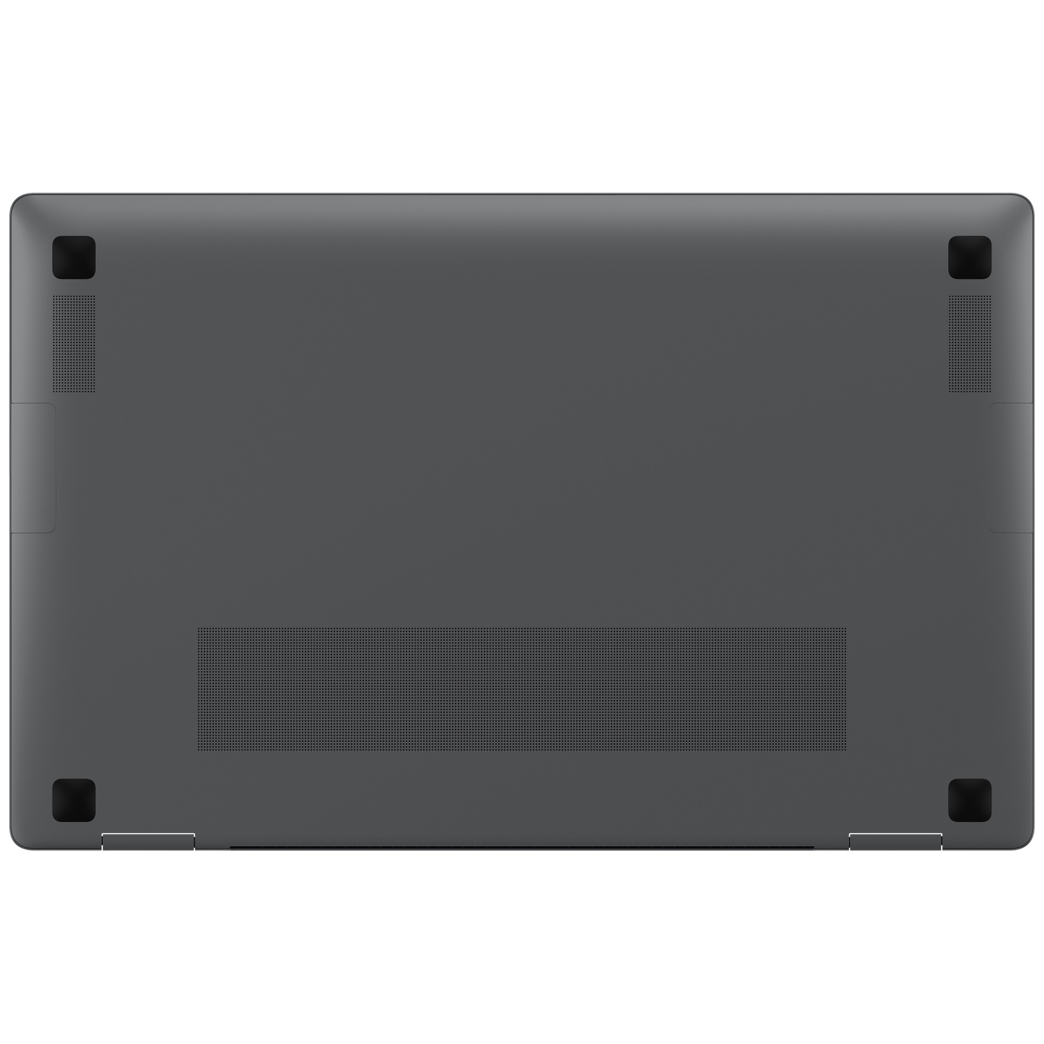 Onderkant van een donkergrijze laptop met vier zwarte rubberen voetjes en ventilatieroosters.