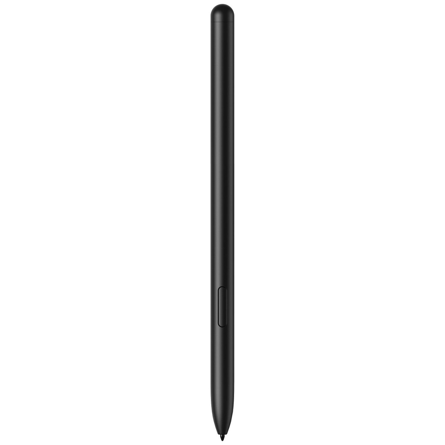 Een slanke zwarte stylus met een afgeronde bovenkant en een knop aan de zijkant.