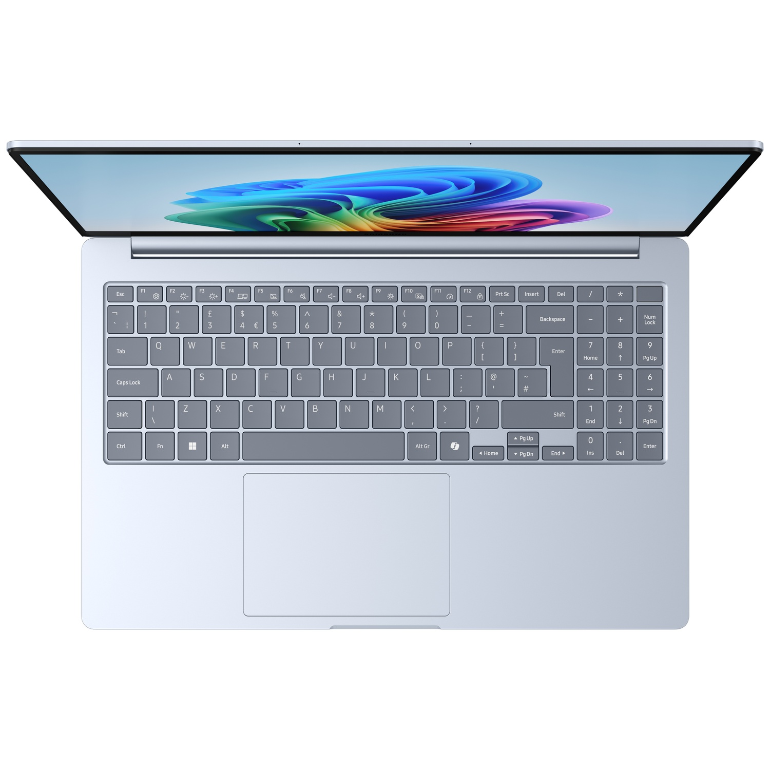 Bovenaanzicht van een zilveren laptop met een helder scherm en een numeriek toetsenbord.