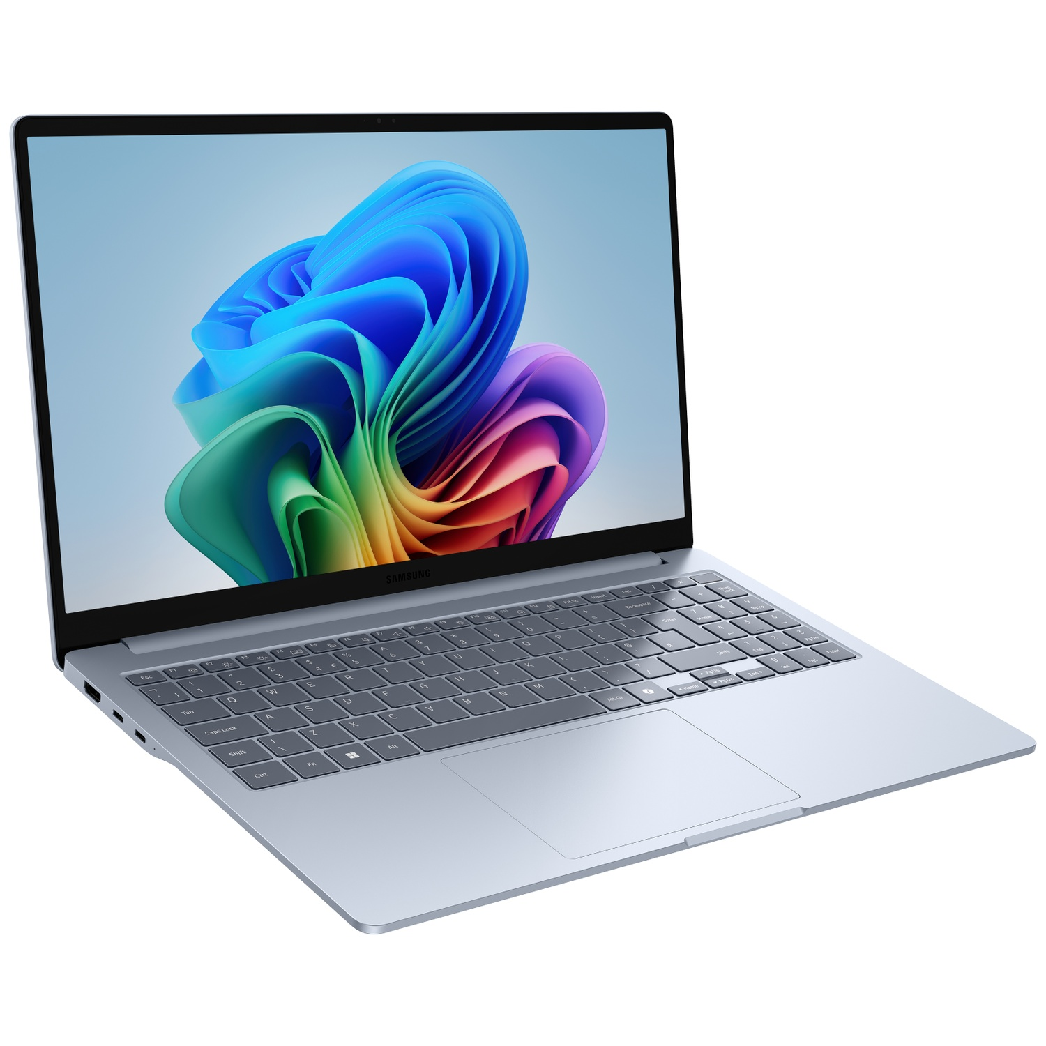 Een zilveren Samsung-laptop met het scherm aan waarop een kleurrijke, abstracte afbeelding staat.