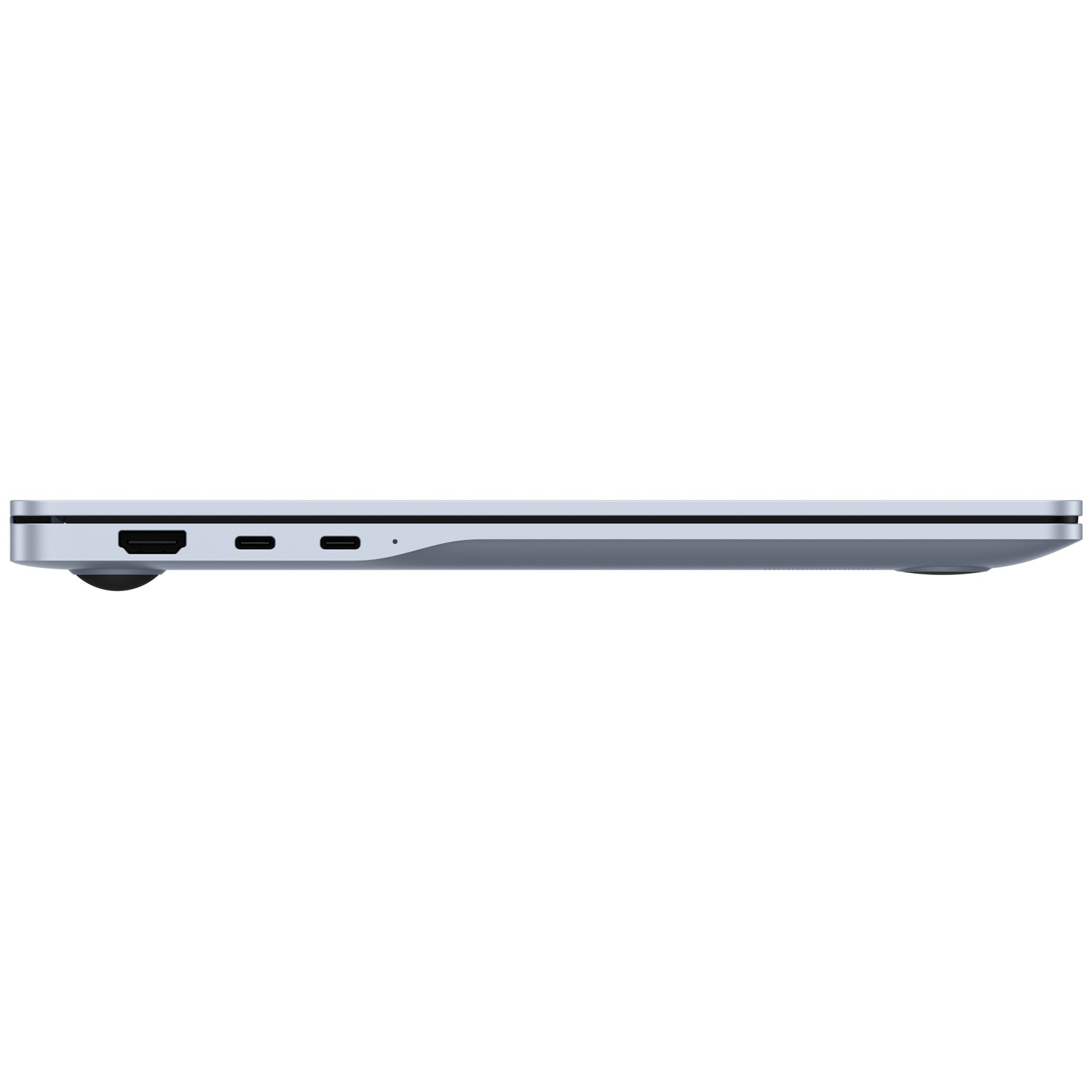 Zijaanzicht van een zilveren laptop met HDMI- en USB-C-poorten.