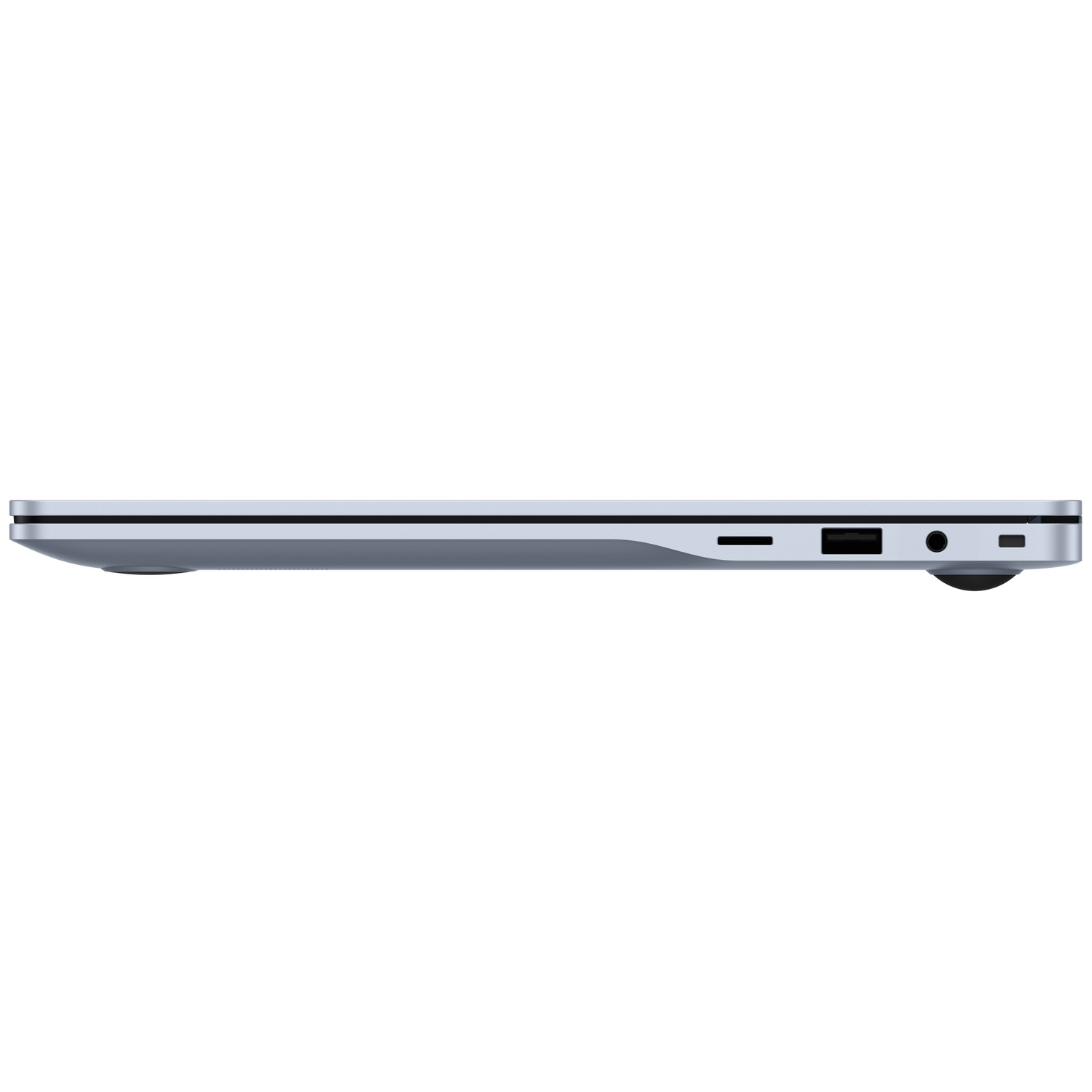 Zijaanzicht van een zilveren laptop met USB-poorten, audio-aansluiting en beveiligingsslot tegen een grijze achtergrond.