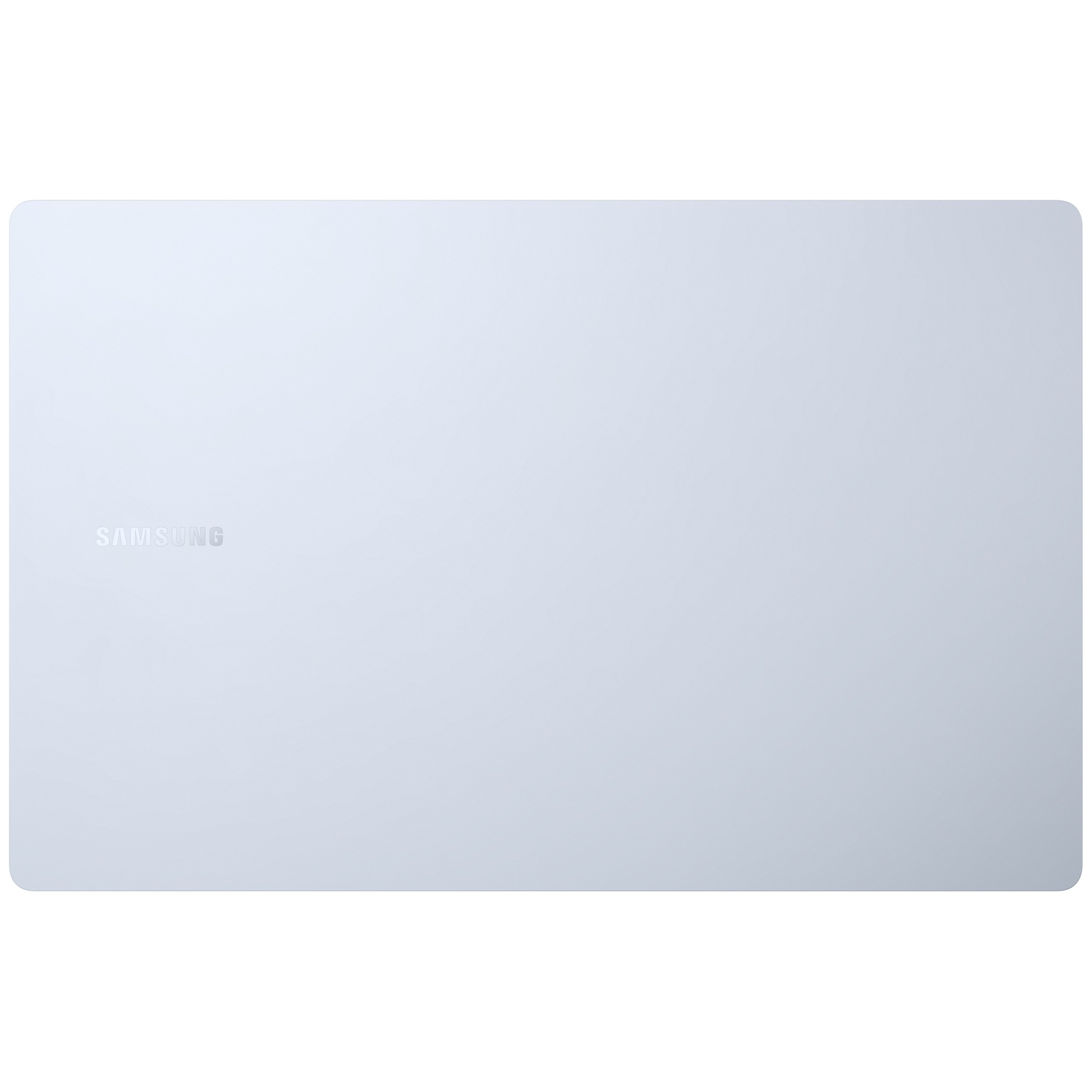 Een zilveren laptopdeksel met het Samsung-logo links tegen een witte achtergrond.