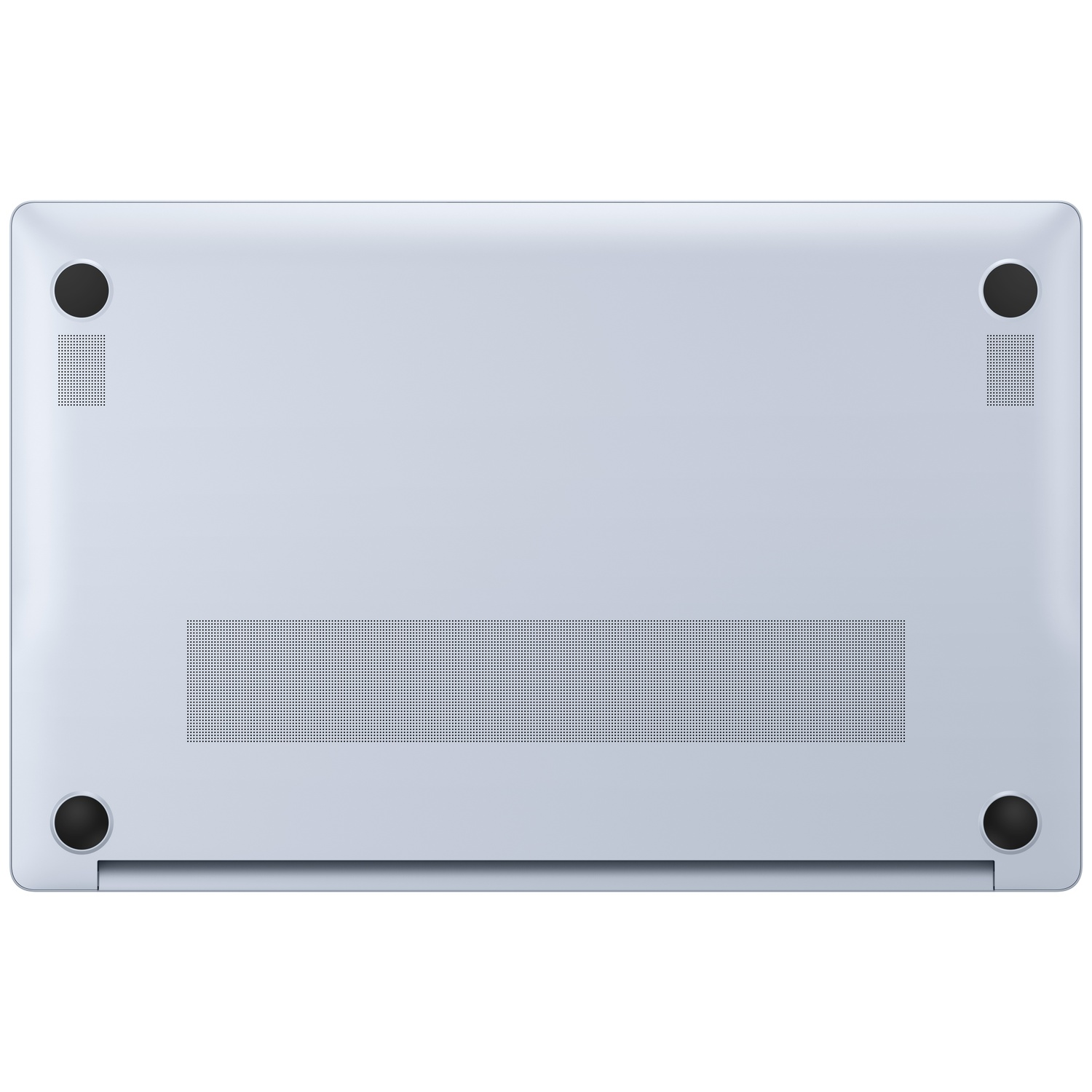 Onderaanzicht van een zilveren laptop met vier zwarte rubberen voetjes en een centraal ventilatierooster.