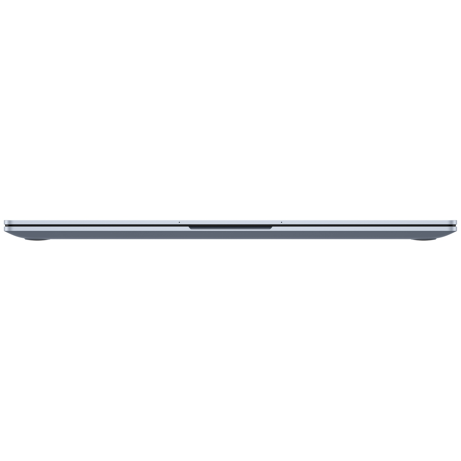 Vooraanzicht van een gesloten zilveren laptop met een kleine inkeping in het midden.