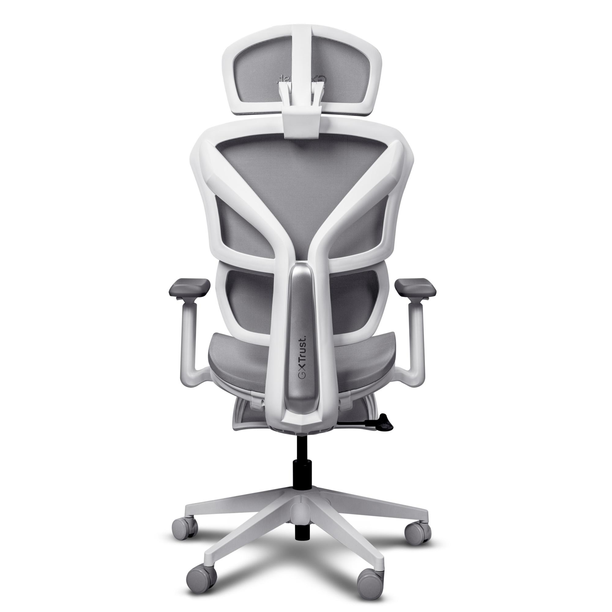 Rückansicht eines modernen weißen und grauen ergonomischen Bürostuhls mit Netzgewebe auf weißem Hintergrund.