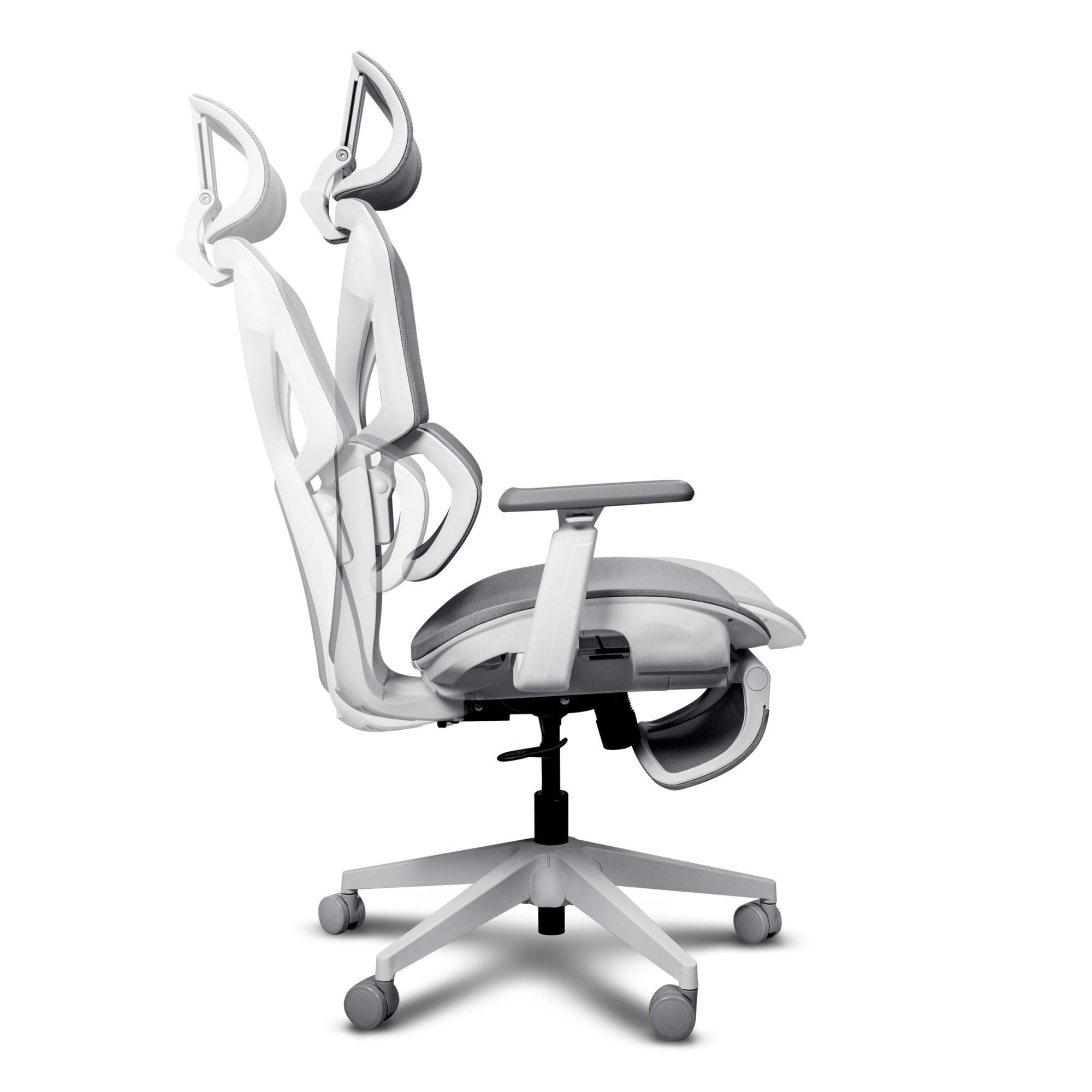 Seitenansicht eines ergonomischen weißen Buerostuhls mit verstellbaren Funktionen und Rollen auf weißem Grund.