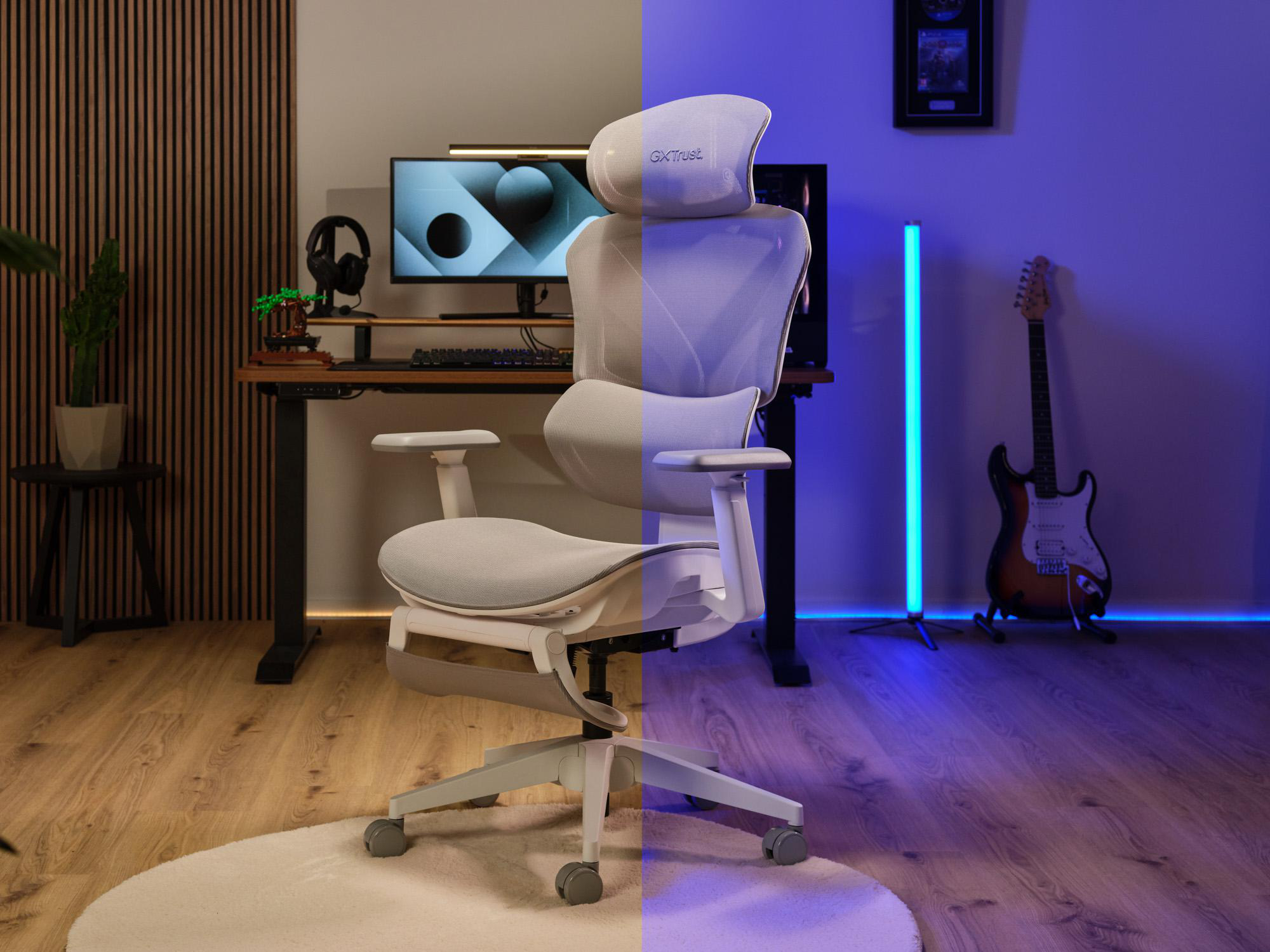 Ein weißer ergonomischer Stuhl in einem Raum mit Holzboden und blauer Hintergrundbeleuchtung.